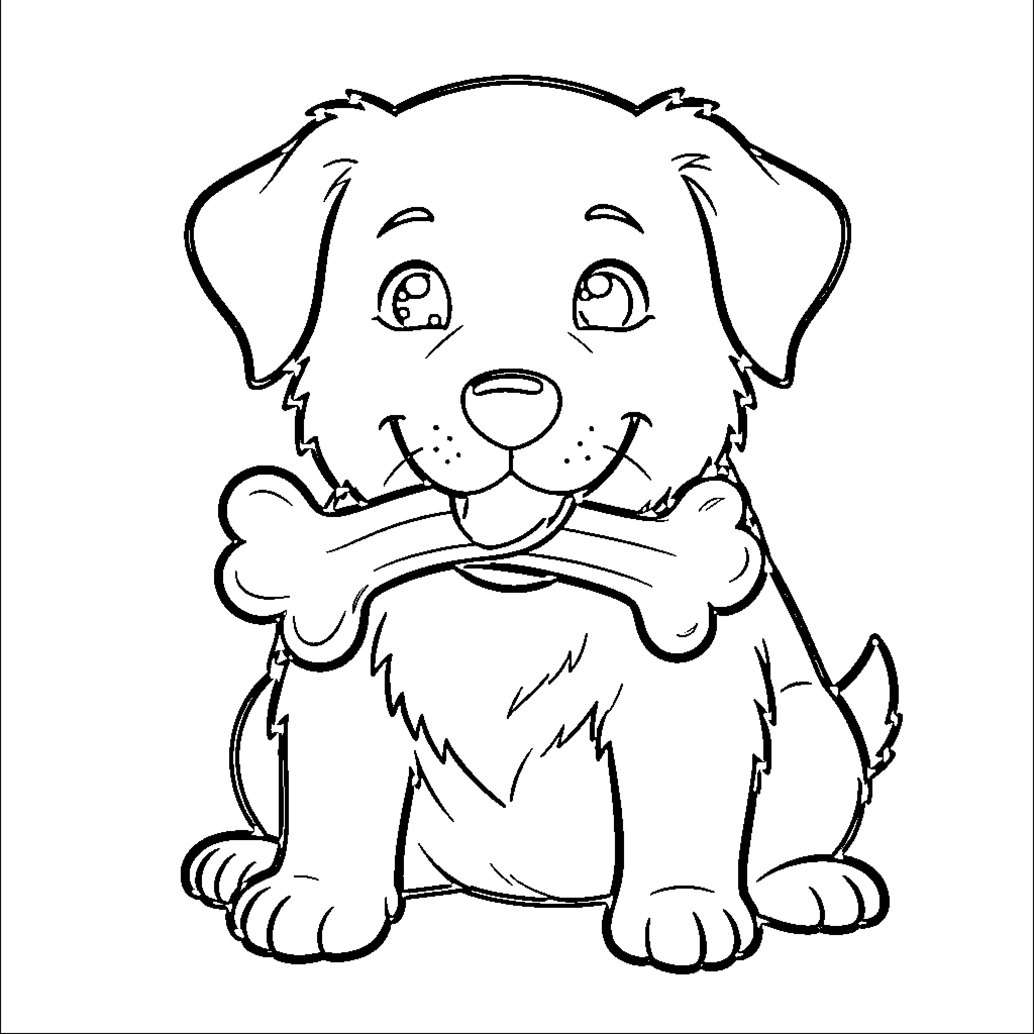 Dog sitting happily while holding a large bone Coloring Page (free black-and-white line drawing printable PDF for all, from beginners to advanced learners, including children, teens, adults, and seniors)