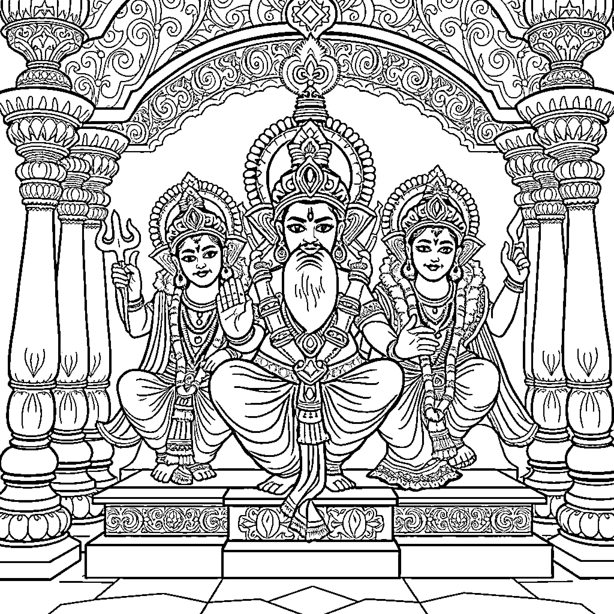 Hindu God Brahma, Saraswati, and Lakshmi in a Ornate Temple Setting Coloring Page (free black-and-white line drawing printable PDF for all, from beginners to advanced learners, including children, teens, adults, and seniors)