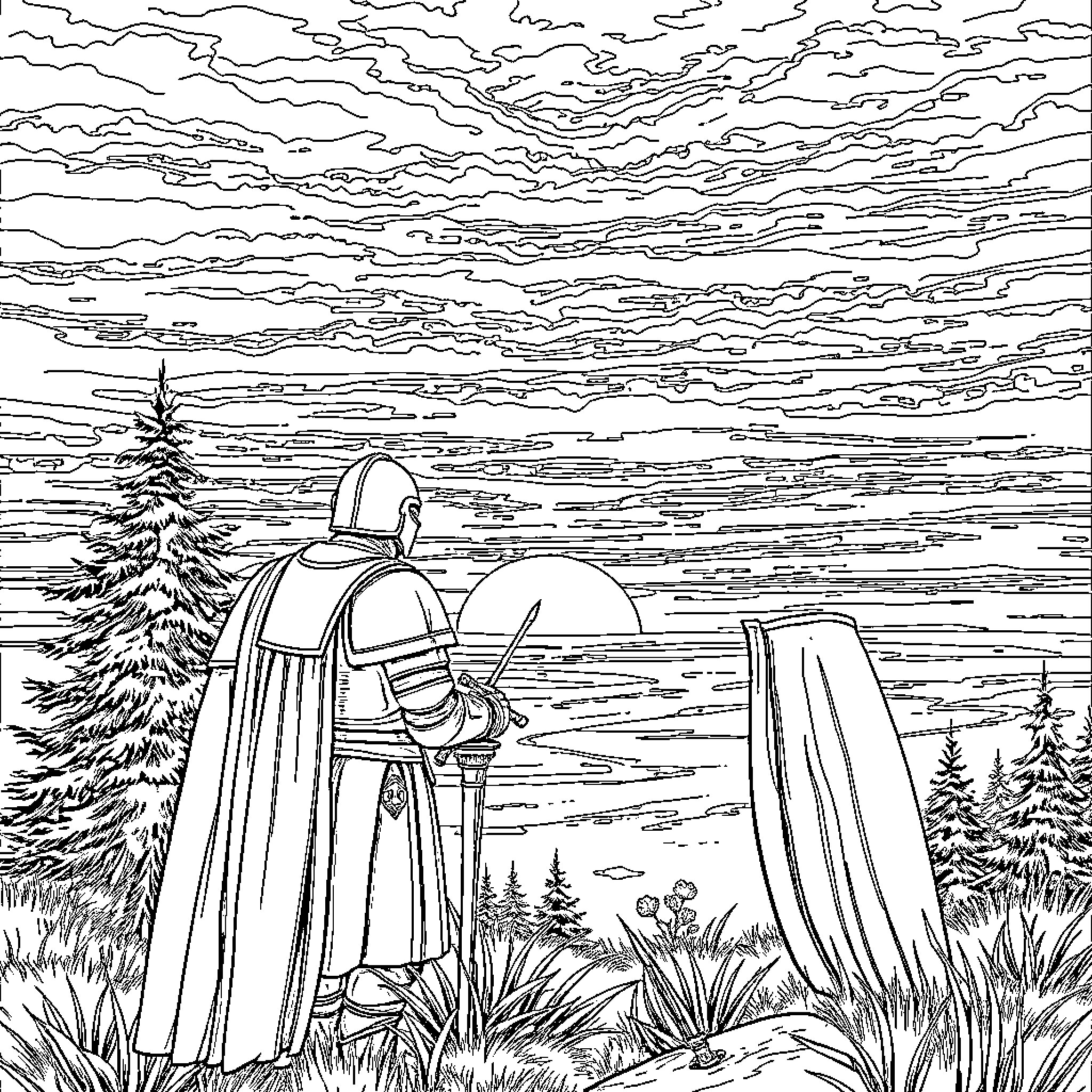 Knight stands guard in a snowy forest landscape Coloring Page (free black-and-white line drawing printable PDF for all, from beginners to advanced learners, including children, teens, adults, and seniors)