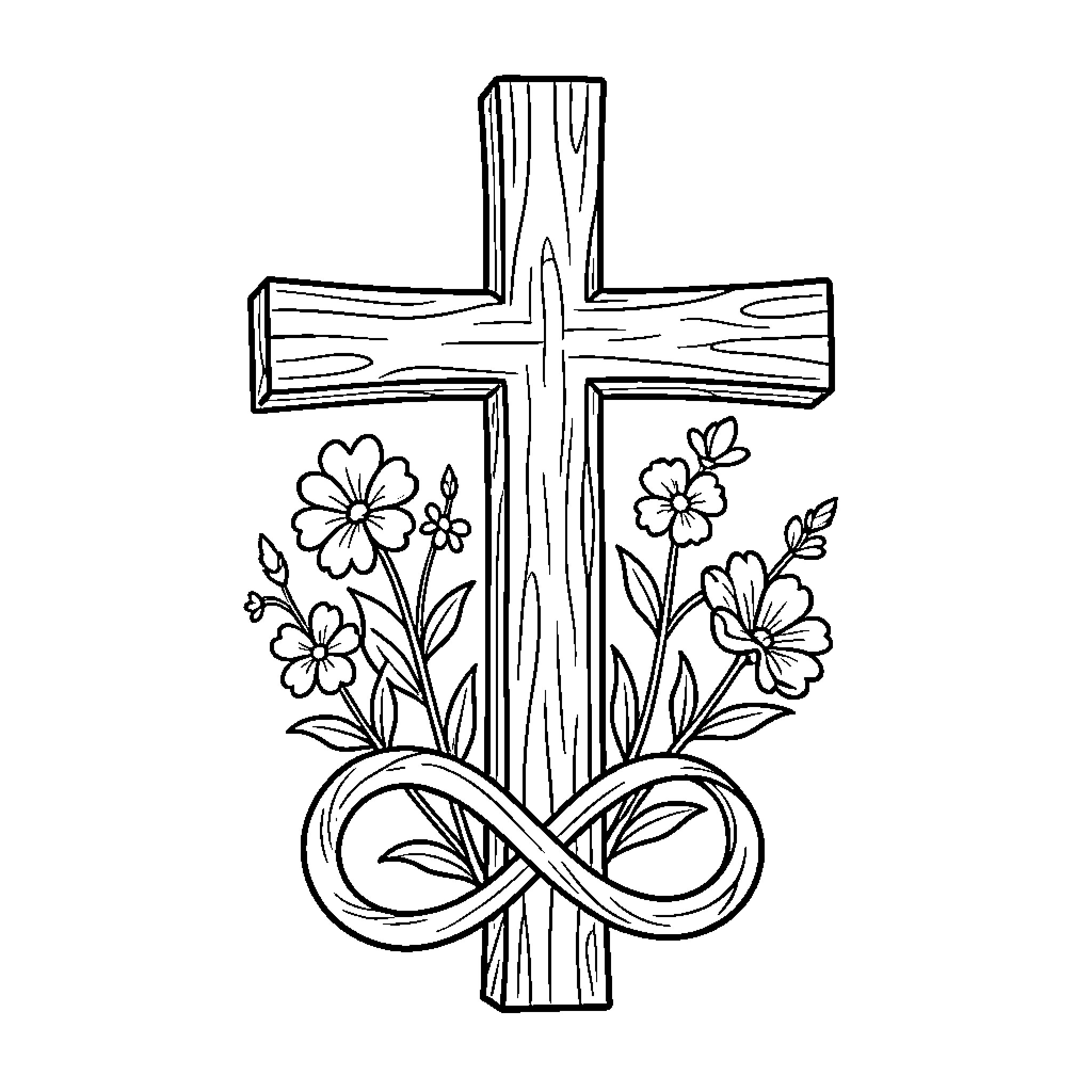 Cross with Floral Decorations Coloring Page (free black-and-white line drawing printable PDF for all, from beginners to advanced learners, including children, teens, adults, and seniors)