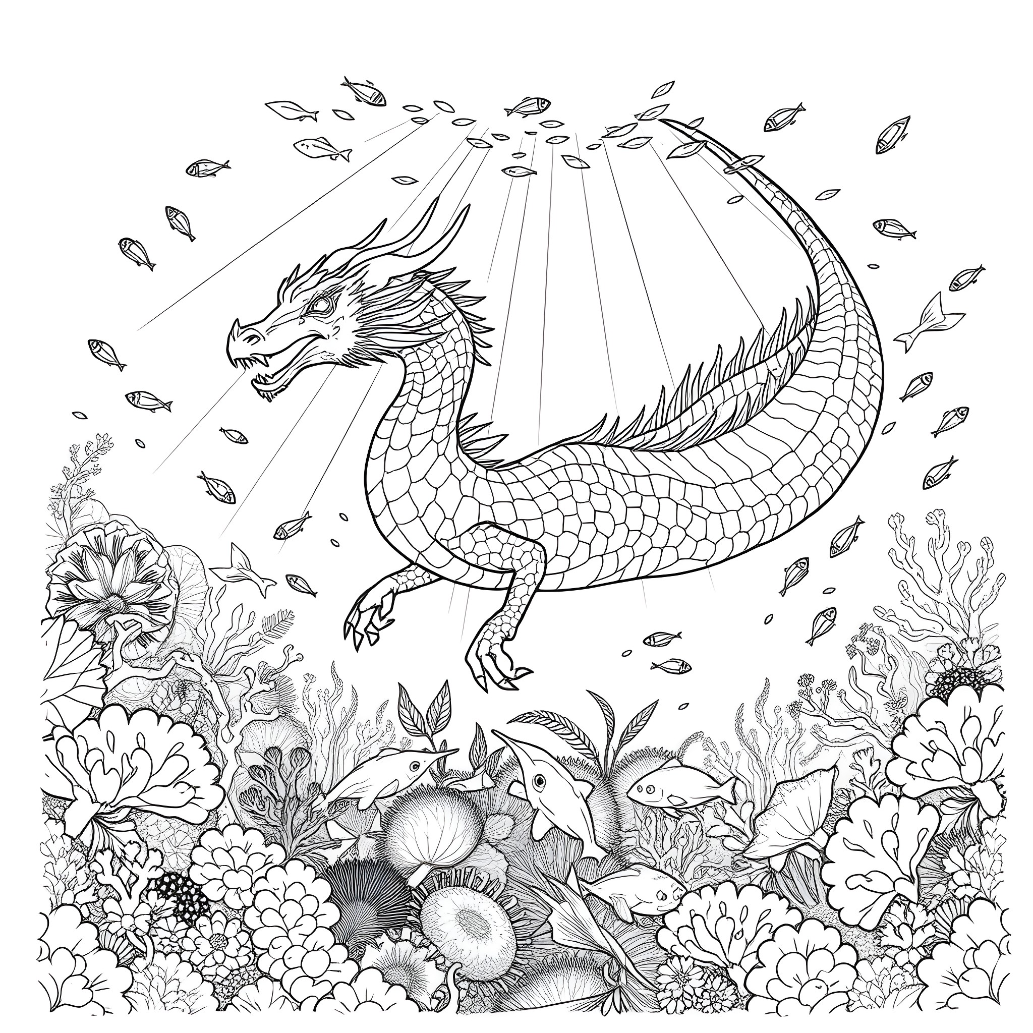 Dragon soaring above a lush floral landscape Coloring Page (free black-and-white line drawing printable PDF for all, from beginners to advanced learners, including children, teens, adults, and seniors)