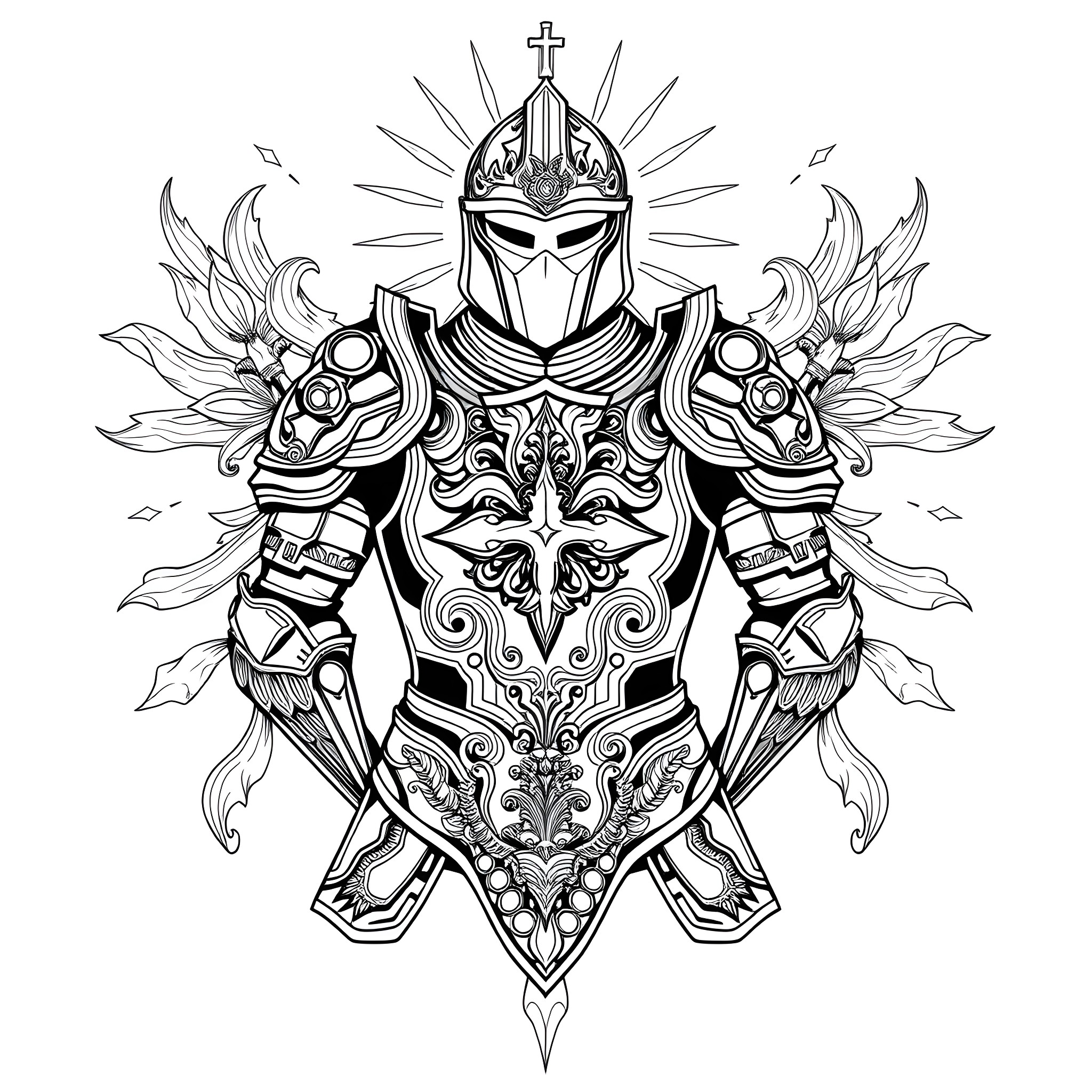 Armor-clad warrior with ornate battle gear and regal insignia Coloring Page (free black-and-white line drawing printable PDF for all, from beginners to advanced learners, including children, teens, adults, and seniors)