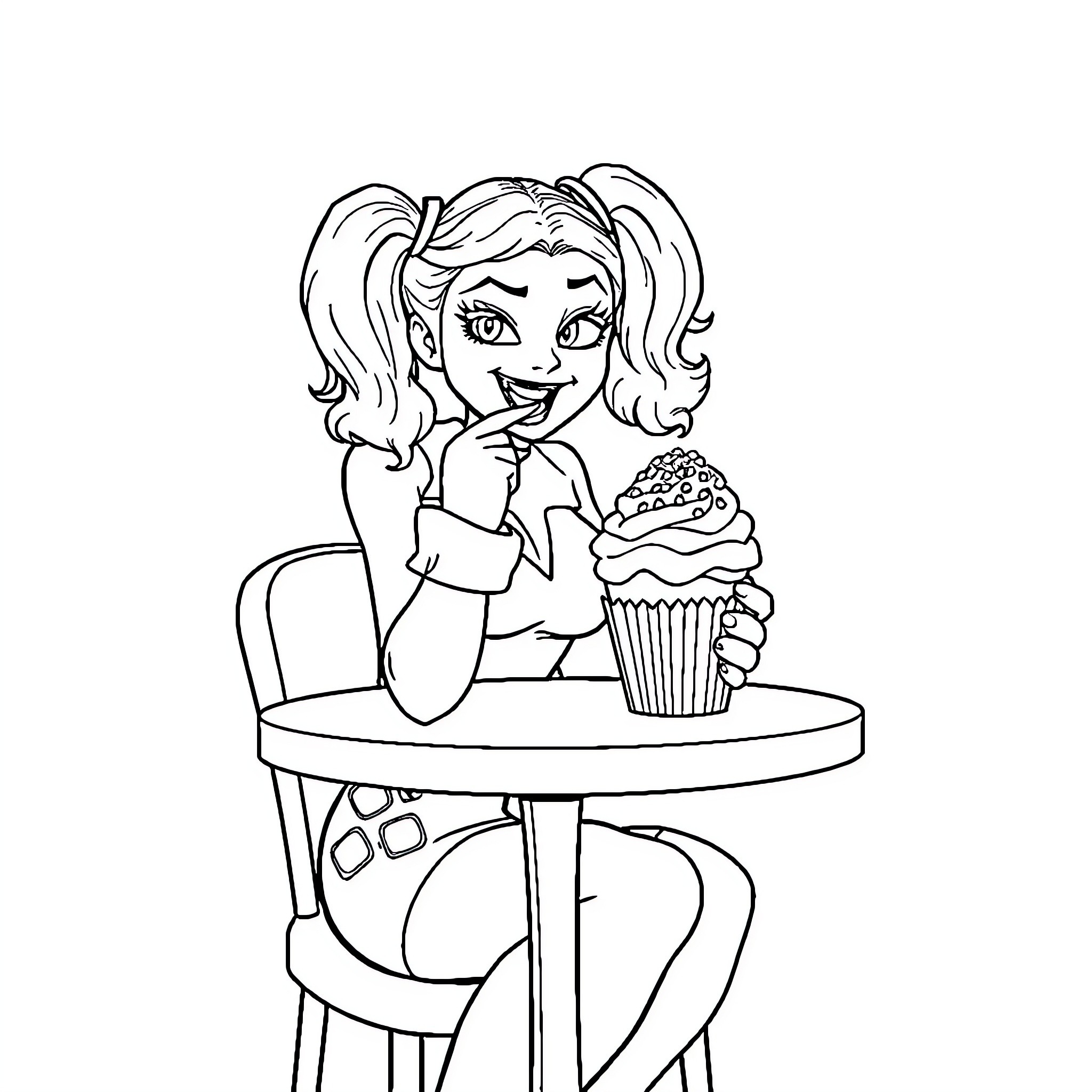 Harley Quinn enjoying a cupcake at a café Coloring Page (free black-and-white line drawing printable PDF for all, from beginners to advanced learners, including children, teens, adults, and seniors)