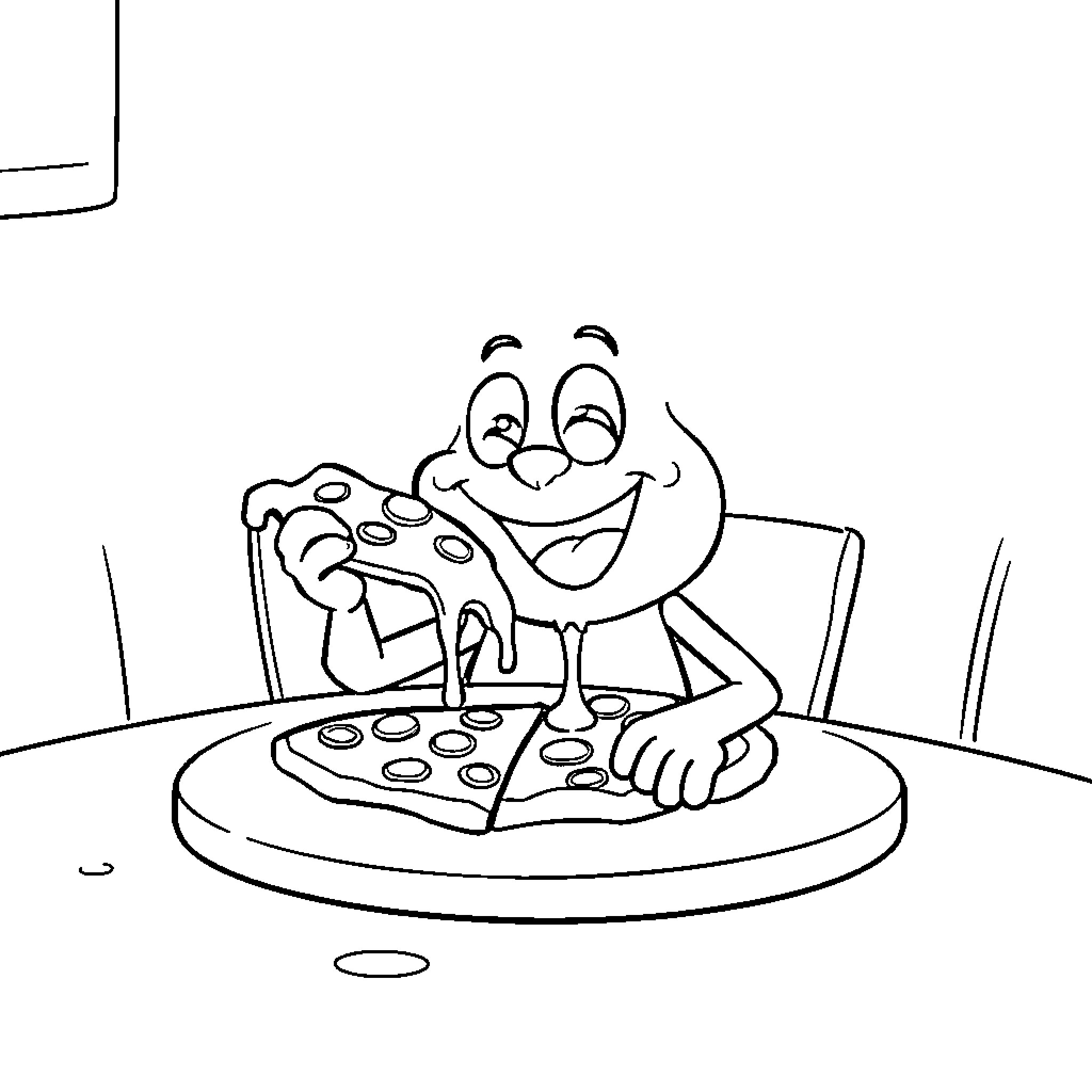 Blippi enjoying pizza on a plate Coloring Page (free black-and-white line drawing printable PDF for all, from beginners to advanced learners, including children, teens, adults, and seniors)