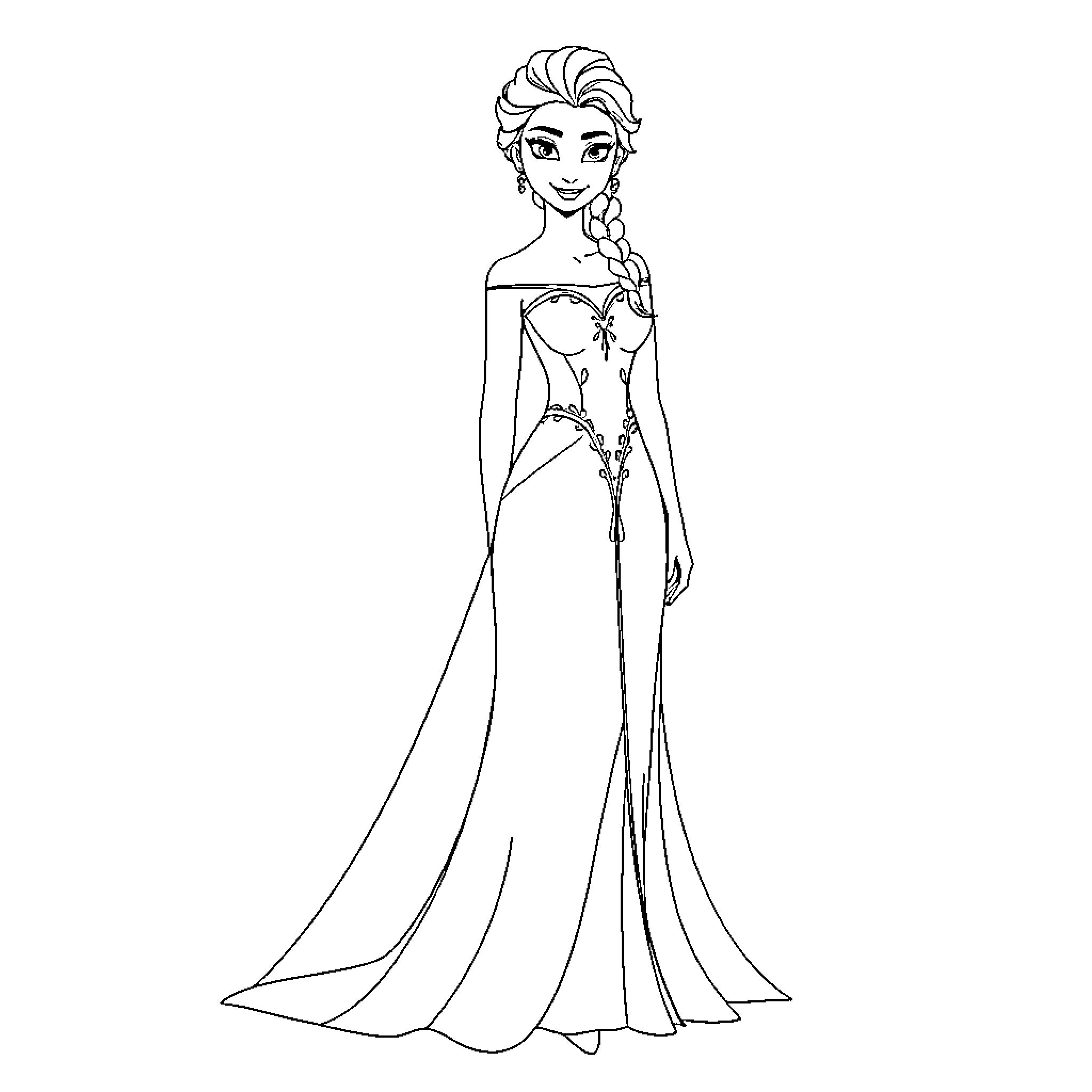 Elsa in a beautiful ice-themed gown Coloring Page (free black-and-white line drawing printable PDF for all, from beginners to advanced learners, including children, teens, adults, and seniors)