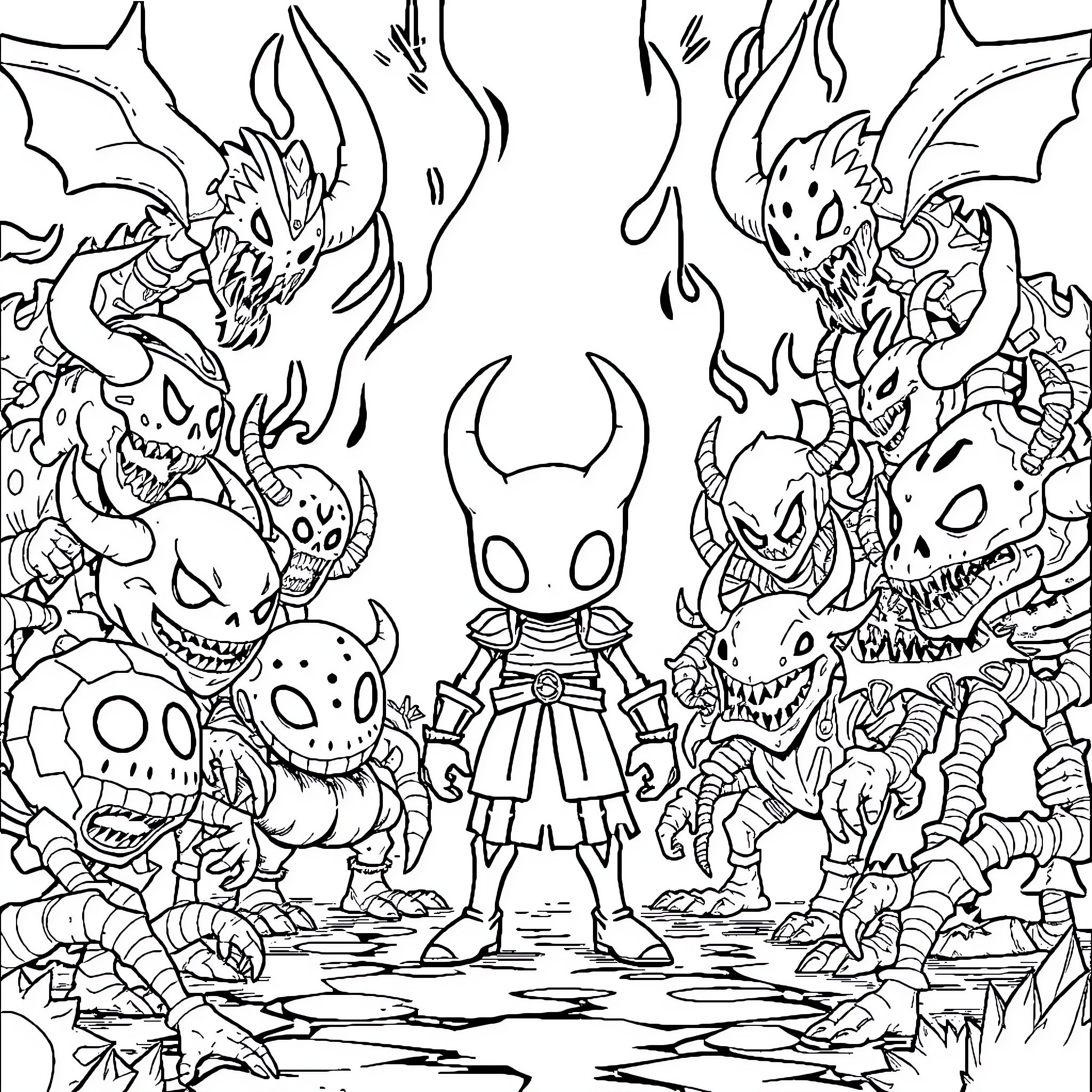 Hollow Knight facing a swarm of fearsome creatures Coloring Page (free black-and-white line drawing printable PDF for all, from beginners to advanced learners, including children, teens, adults, and seniors)
