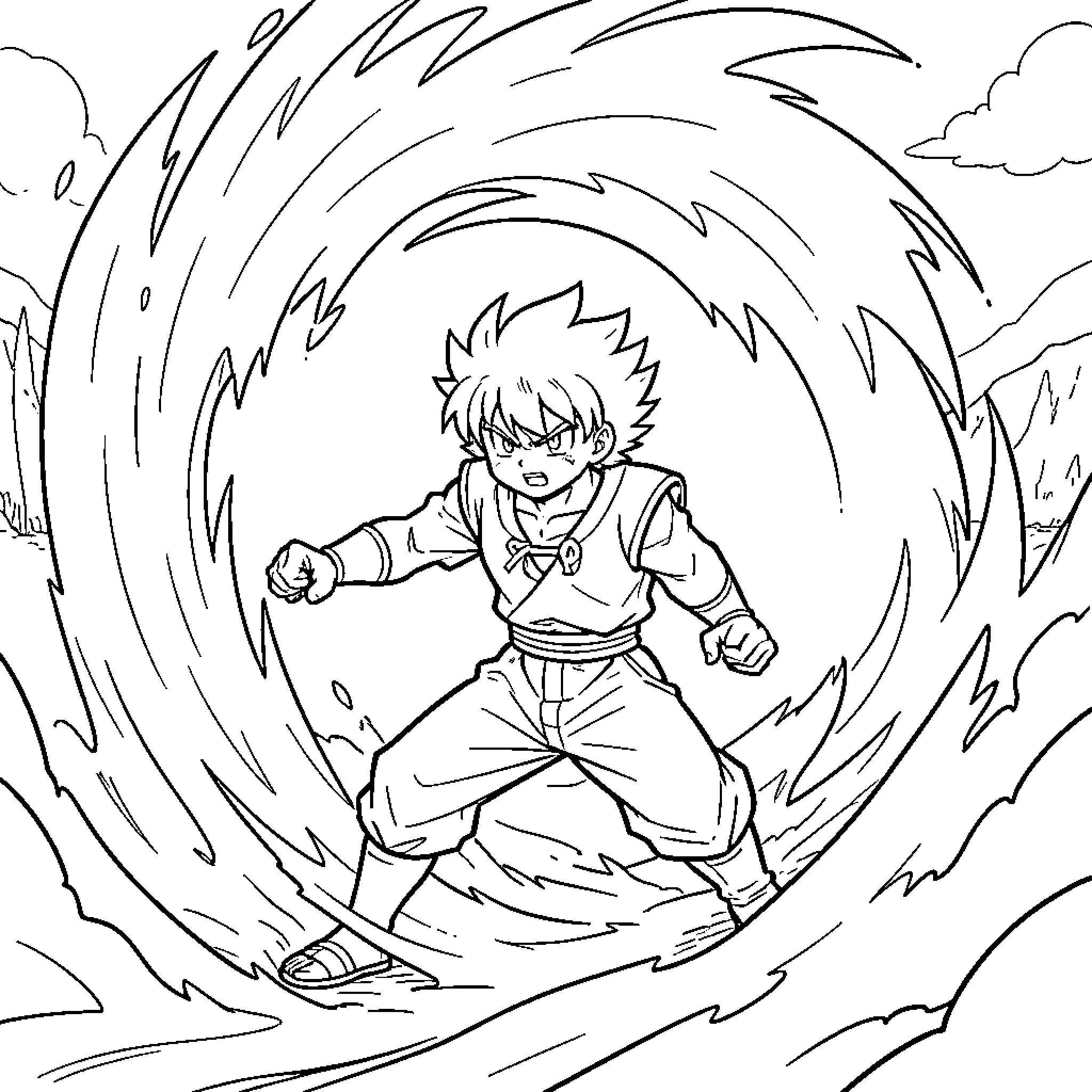 Sangoku performing a powerful martial arts energy attack Coloring Page (free black-and-white line drawing printable PDF for all, from beginners to advanced learners, including children, teens, adults, and seniors)