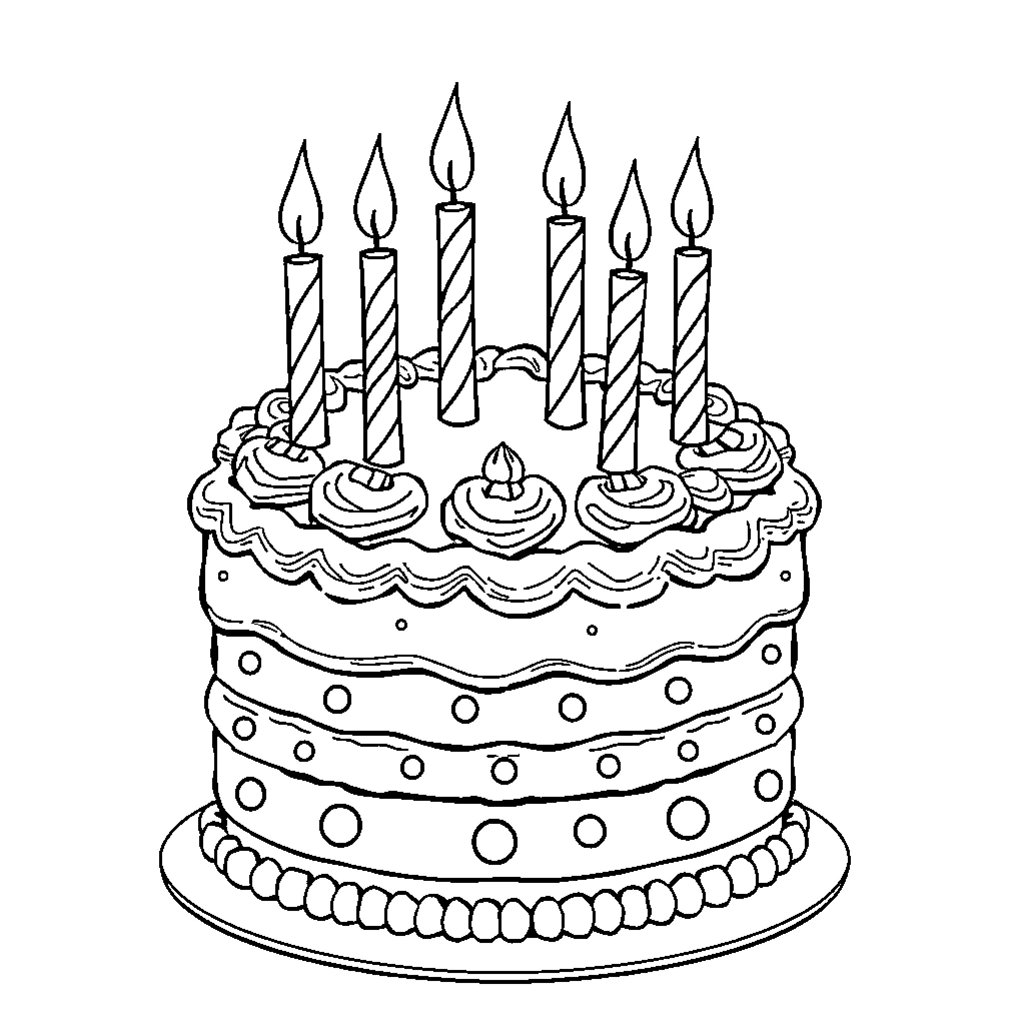 Birthday Cake with Lit Candles and Decorated Frosting Coloring Page (free black-and-white line drawing printable PDF for all, from beginners to advanced learners, including children, teens, adults, and seniors)