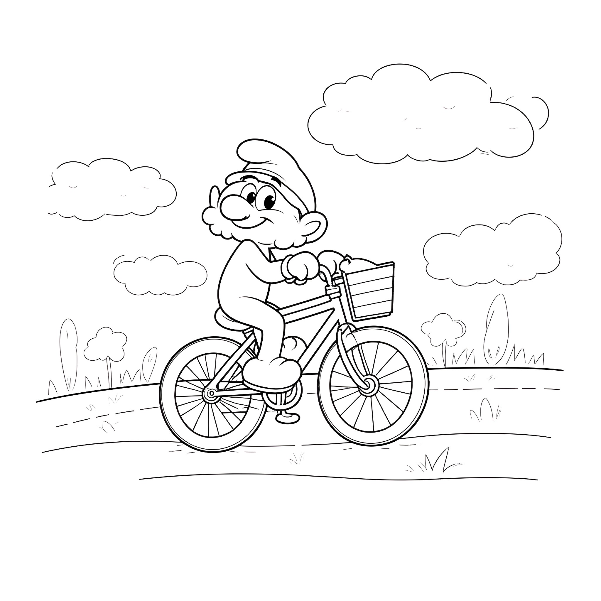 Smurf riding a bicycle in the park Coloring Page (free black-and-white line drawing printable PDF for all, from beginners to advanced learners, including children, teens, adults, and seniors)