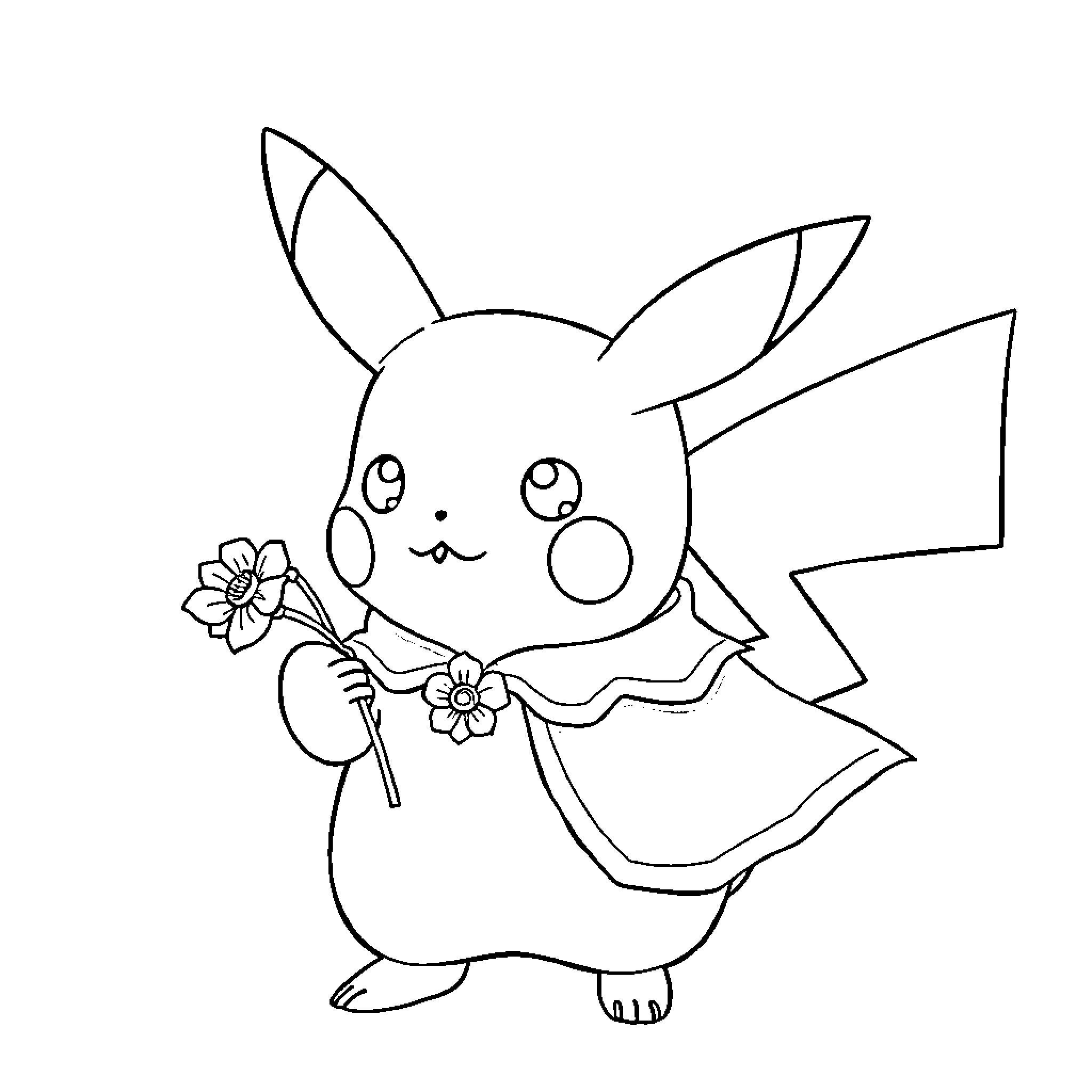 Pikachu holding flowers happily Coloring Page (free black-and-white line drawing printable PDF for all, from beginners to advanced learners, including children, teens, adults, and seniors)