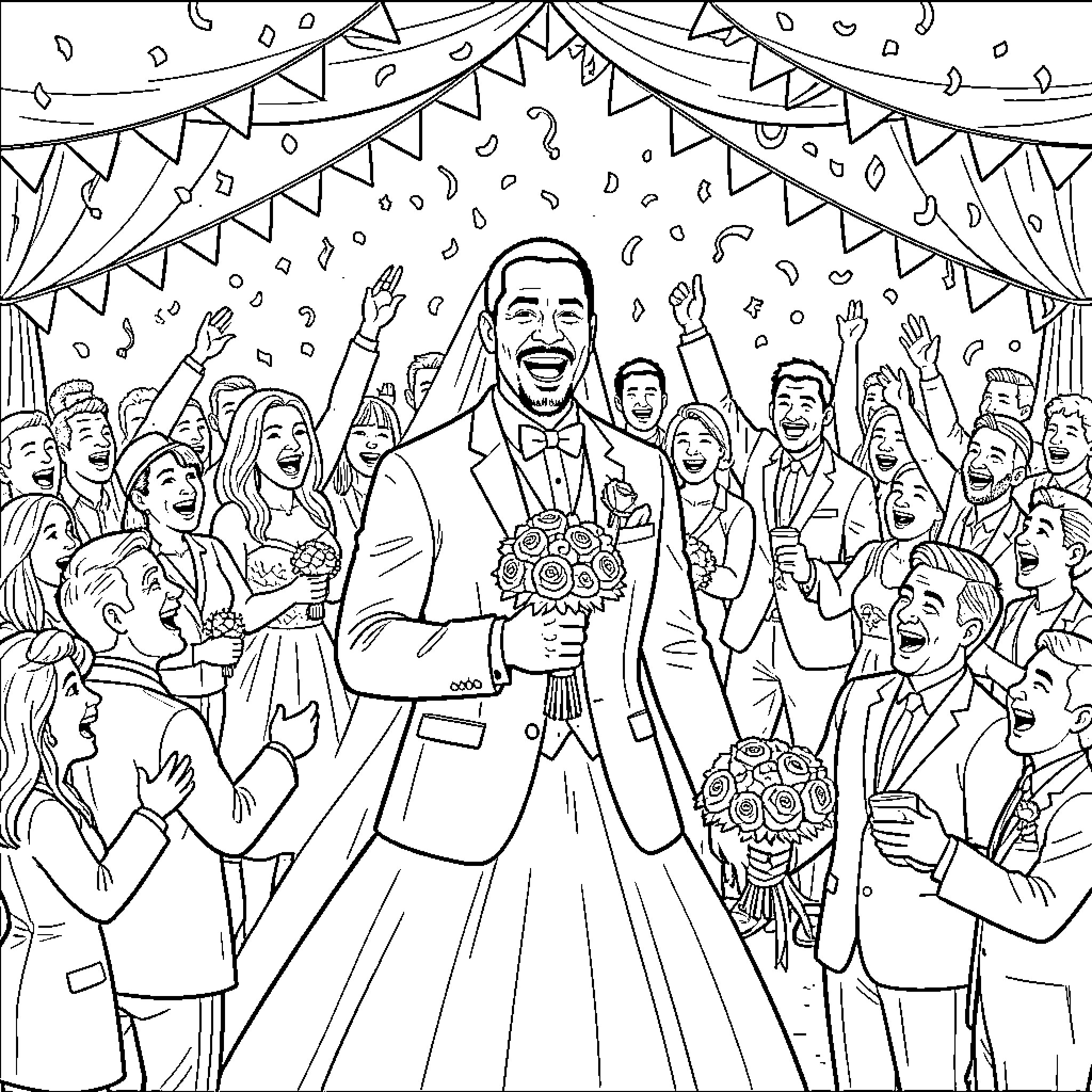 Denis Rodman celebrating a joyous wedding ceremony Coloring Page (free black-and-white line drawing printable PDF for all, from beginners to advanced learners, including children, teens, adults, and seniors)