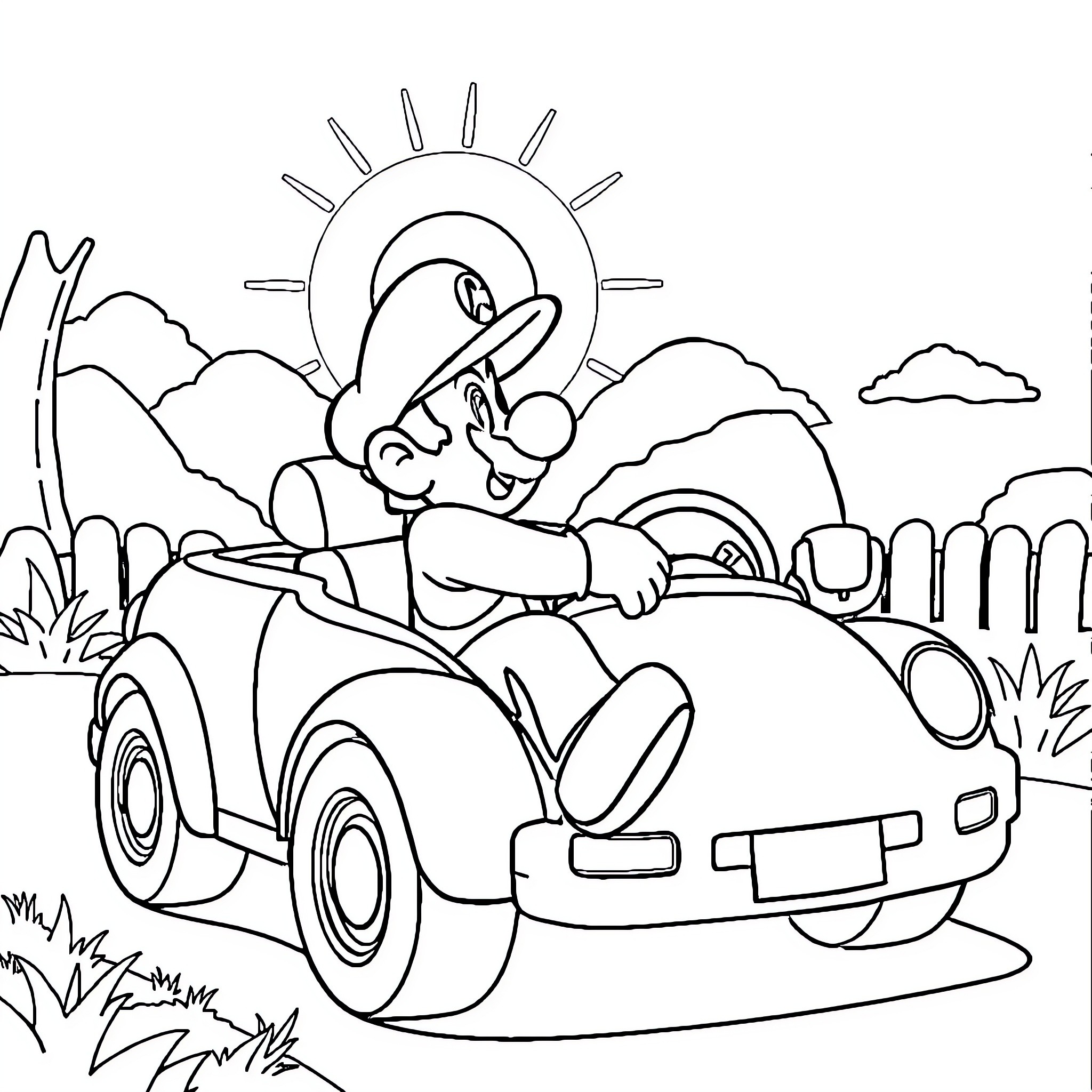 Mario driving a car in a sunny countryside Coloring Page (free black-and-white line drawing printable PDF for all, from beginners to advanced learners, including children, teens, adults, and seniors)