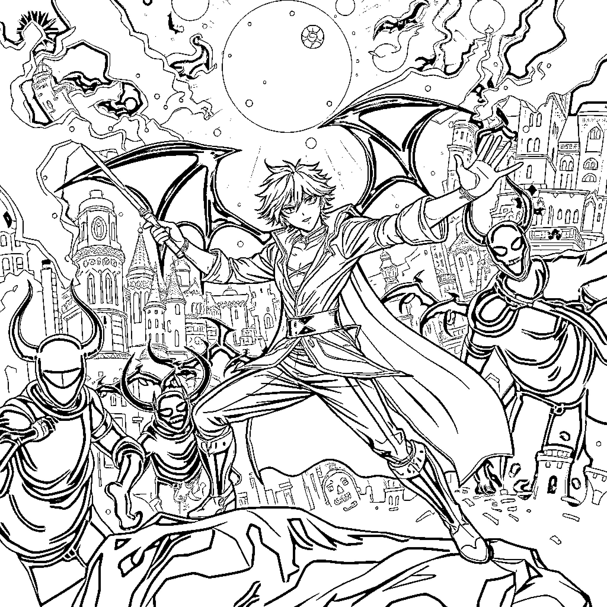 Rumi's Fantastical Realm of Mythical Creatures Coloring Page (free black-and-white line drawing printable PDF for all, from beginners to advanced learners, including children, teens, adults, and seniors)