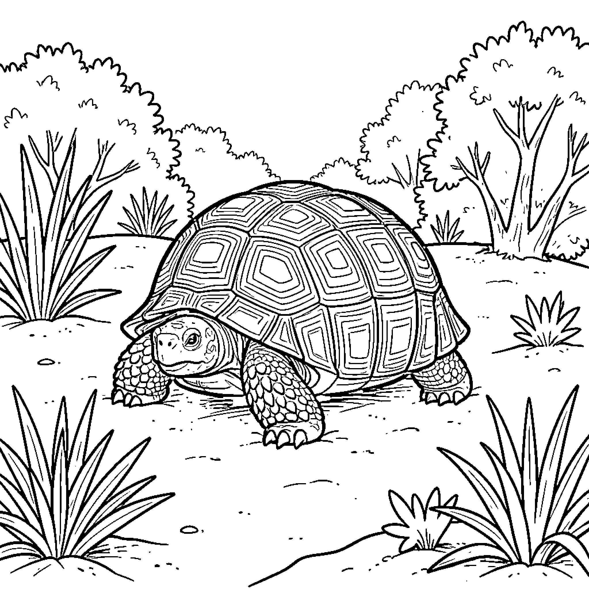 Gopher Tortoise walking through a natural landscape Coloring Page (free black-and-white line drawing printable PDF for all, from beginners to advanced learners, including children, teens, adults, and seniors)