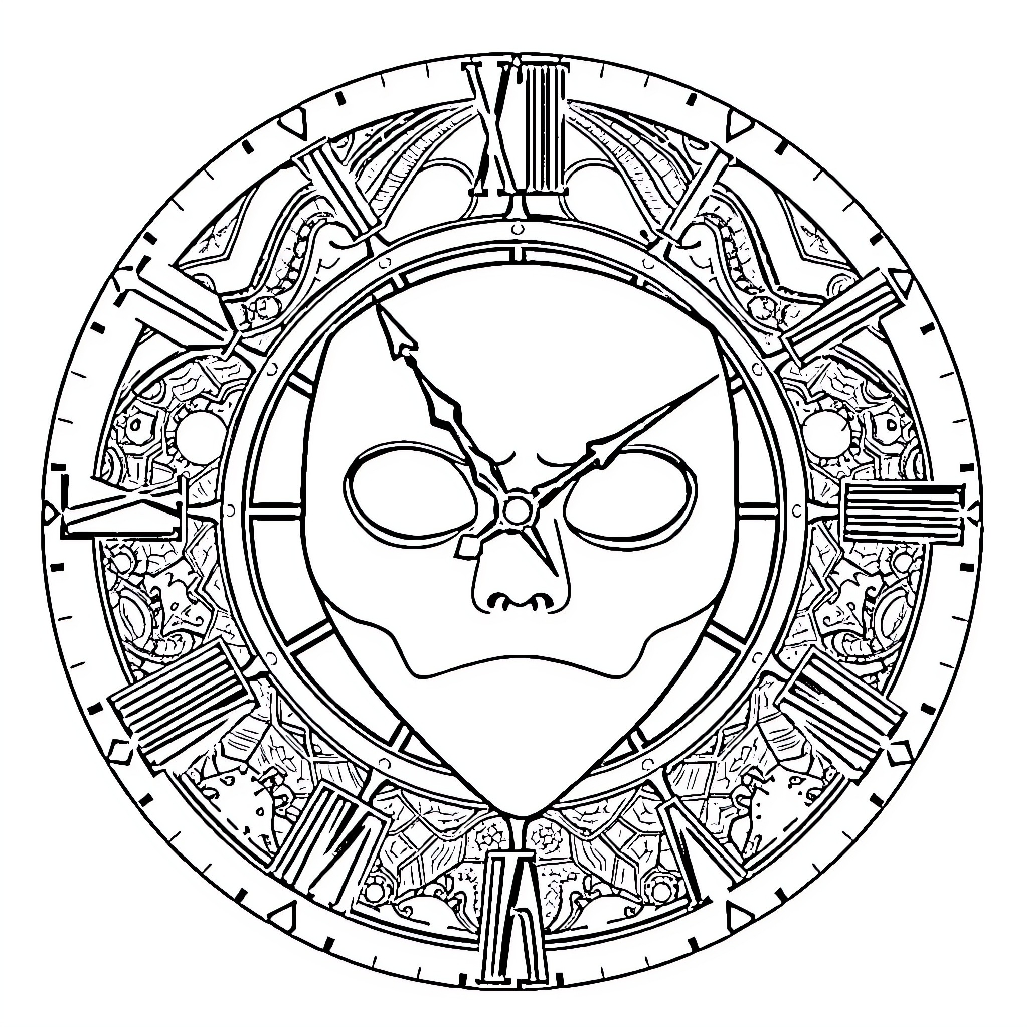 Clock with Skull and Mechanical Details Coloring Page (free black-and-white line drawing printable PDF for all, from beginners to advanced learners, including children, teens, adults, and seniors)