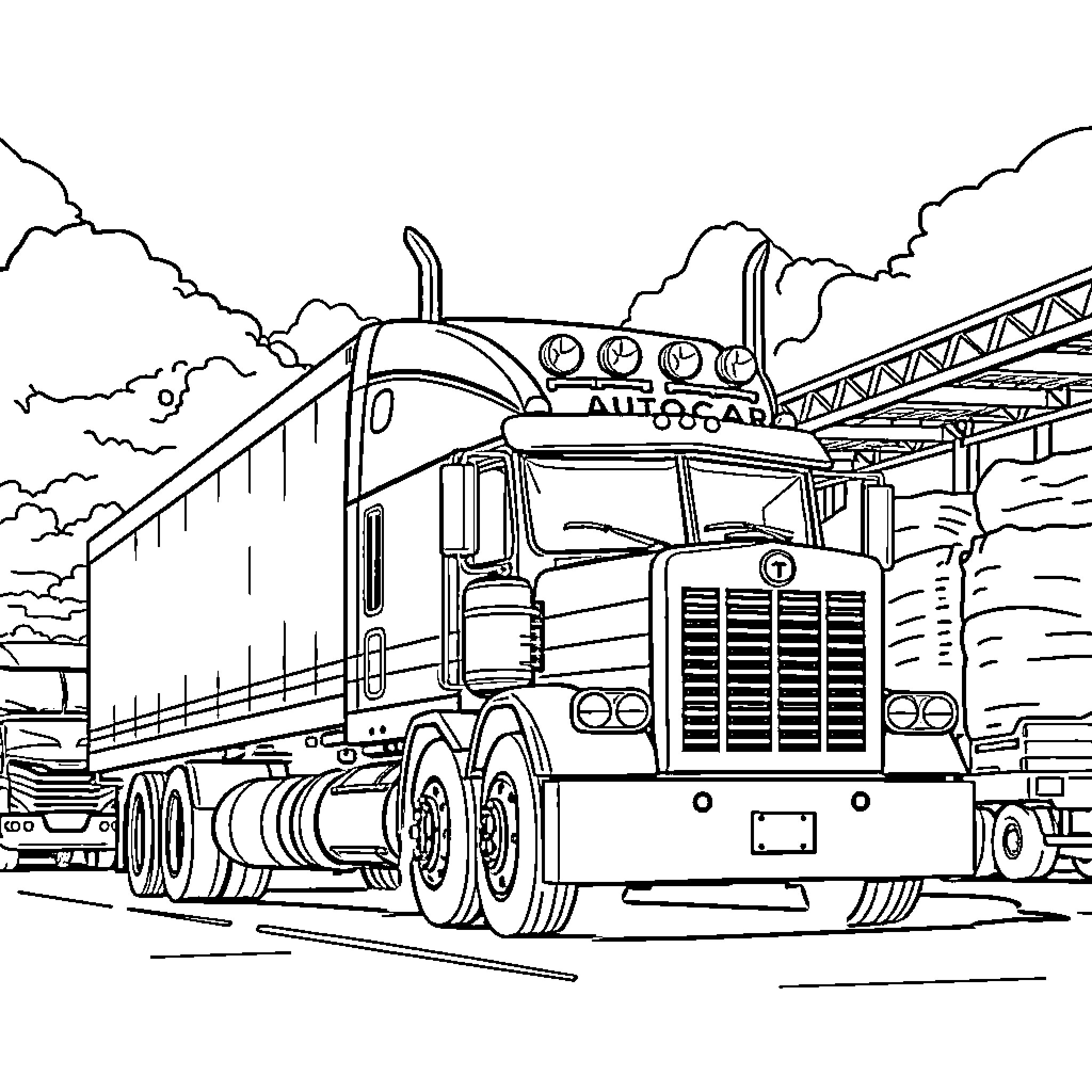 Truck hauling cargo on the highway Coloring Page (free black-and-white line drawing printable PDF for all, from beginners to advanced learners, including children, teens, adults, and seniors)