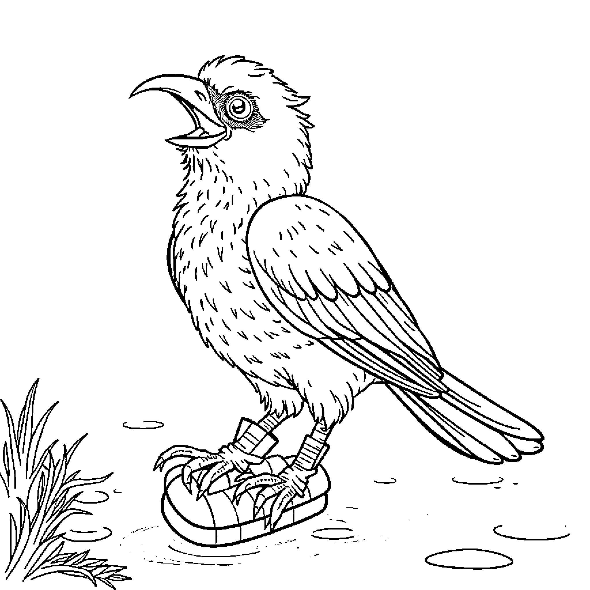 Gato bird perched on a log Coloring Page (free black-and-white line drawing printable PDF for all, from beginners to advanced learners, including children, teens, adults, and seniors)