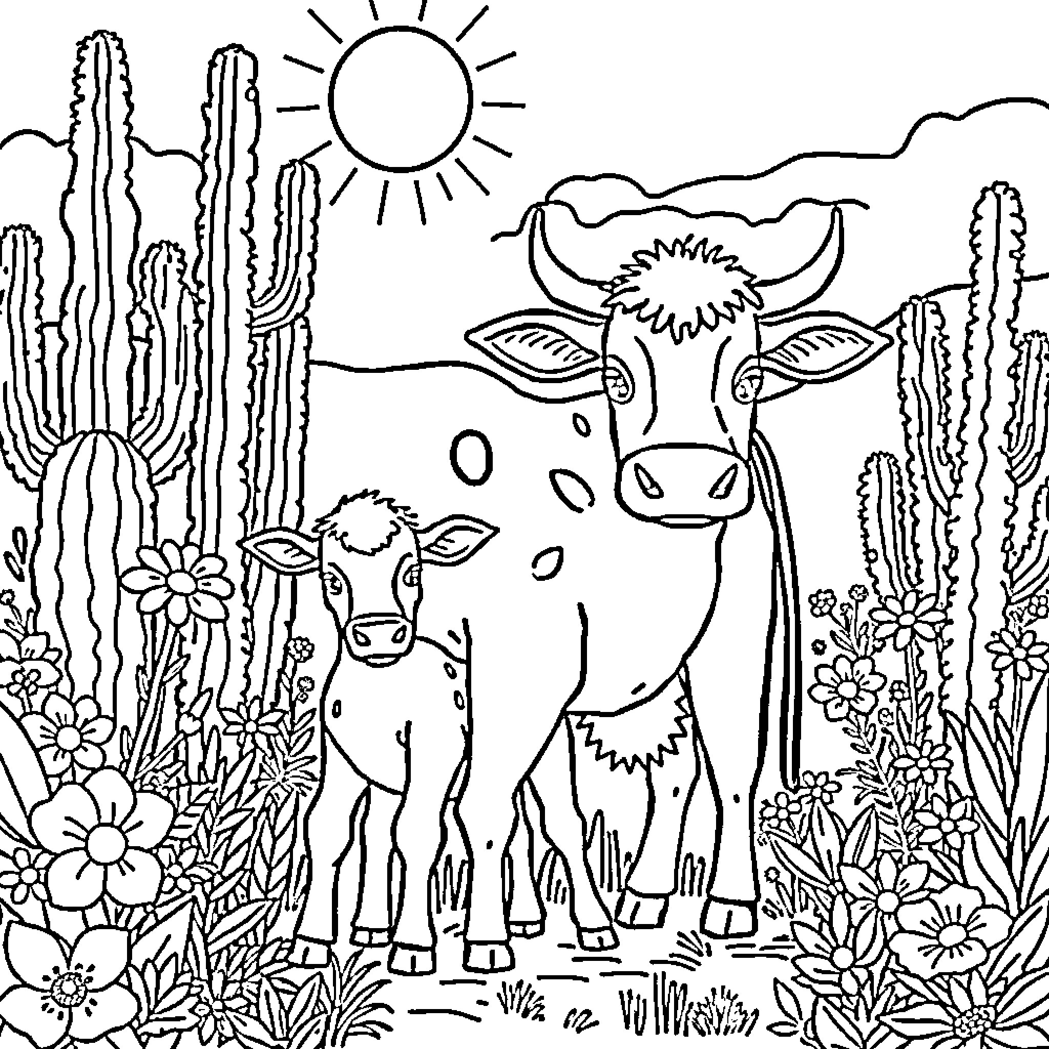 Cow in a desert scene with cacti and flowers Coloring Page (free black-and-white line drawing printable PDF for all, from beginners to advanced learners, including children, teens, adults, and seniors)
