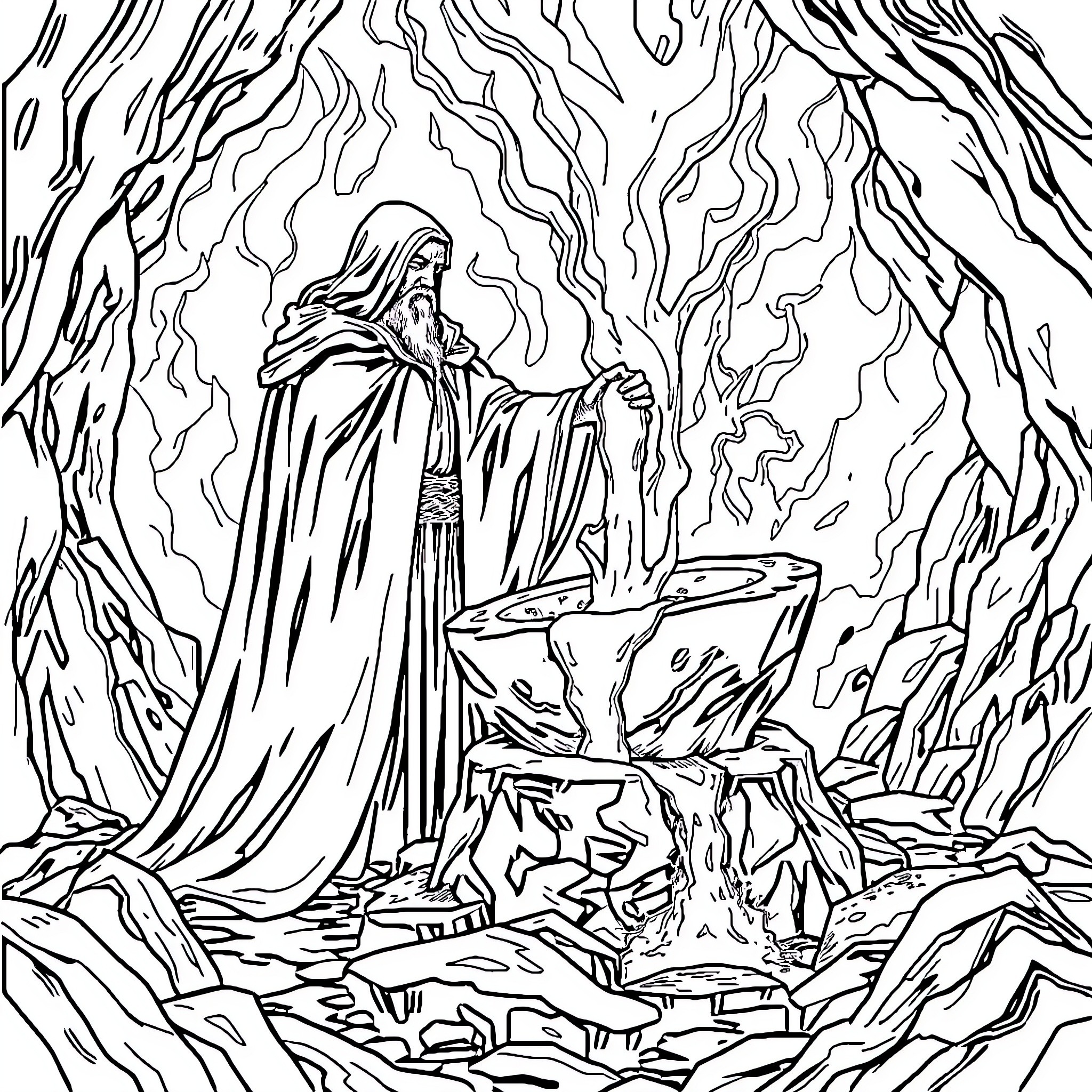 Sauron's Summoning of Dark Powers Coloring Page (free black-and-white line drawing printable PDF for all, from beginners to advanced learners, including children, teens, adults, and seniors)