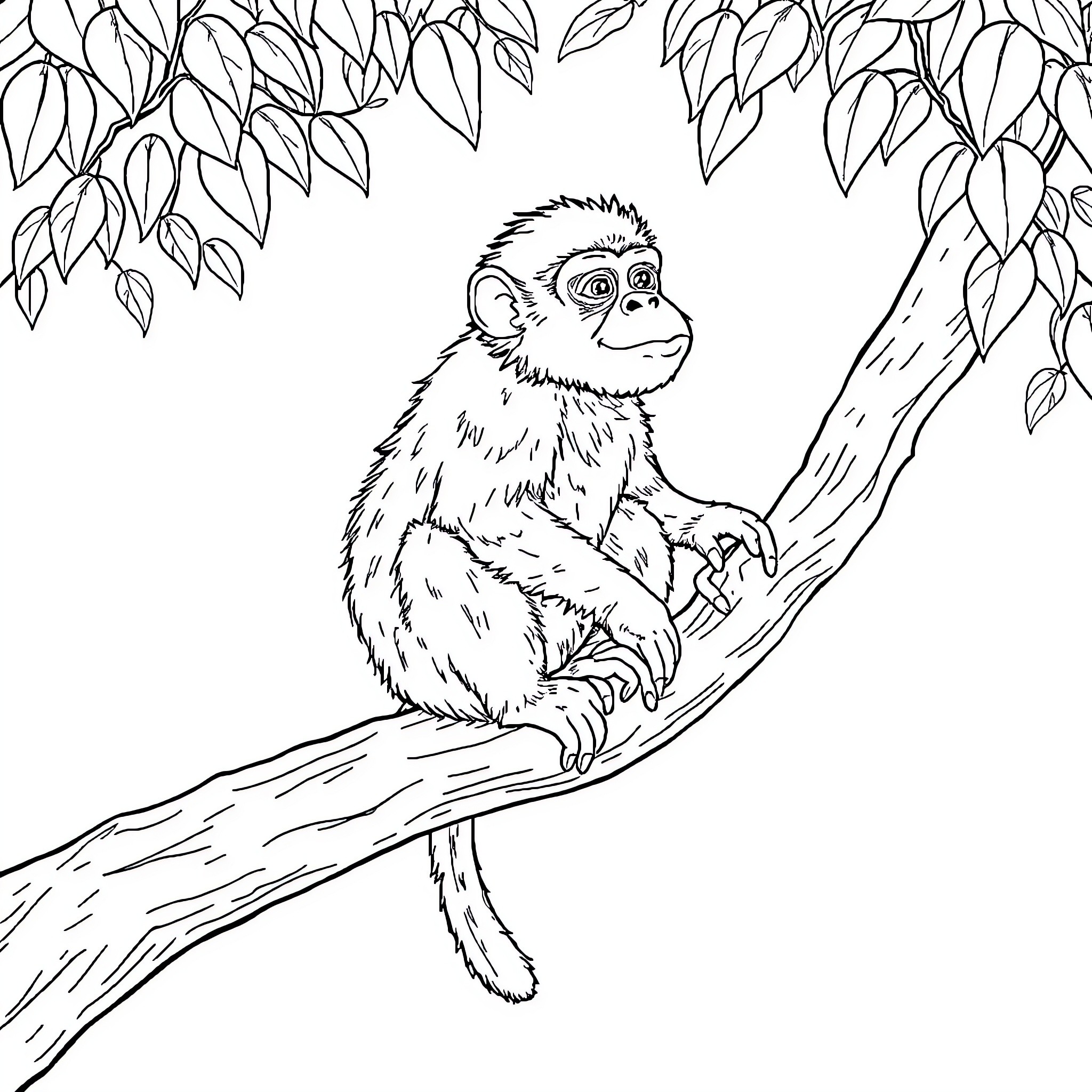 Monkey relaxing on tree branch surrounded by leaves Coloring Page (free black-and-white line drawing printable PDF for all, from beginners to advanced learners, including children, teens, adults, and seniors)