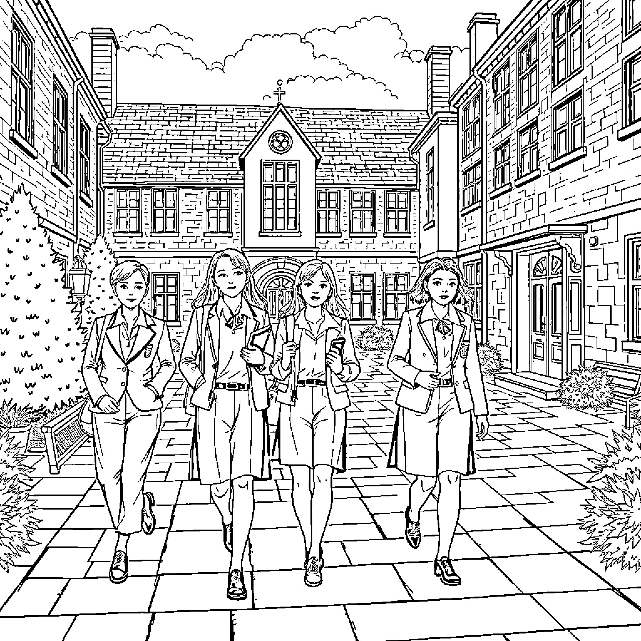 Pupils walking through a historic school campus Coloring Page (free black-and-white line drawing printable PDF for all, from beginners to advanced learners, including children, teens, adults, and seniors)