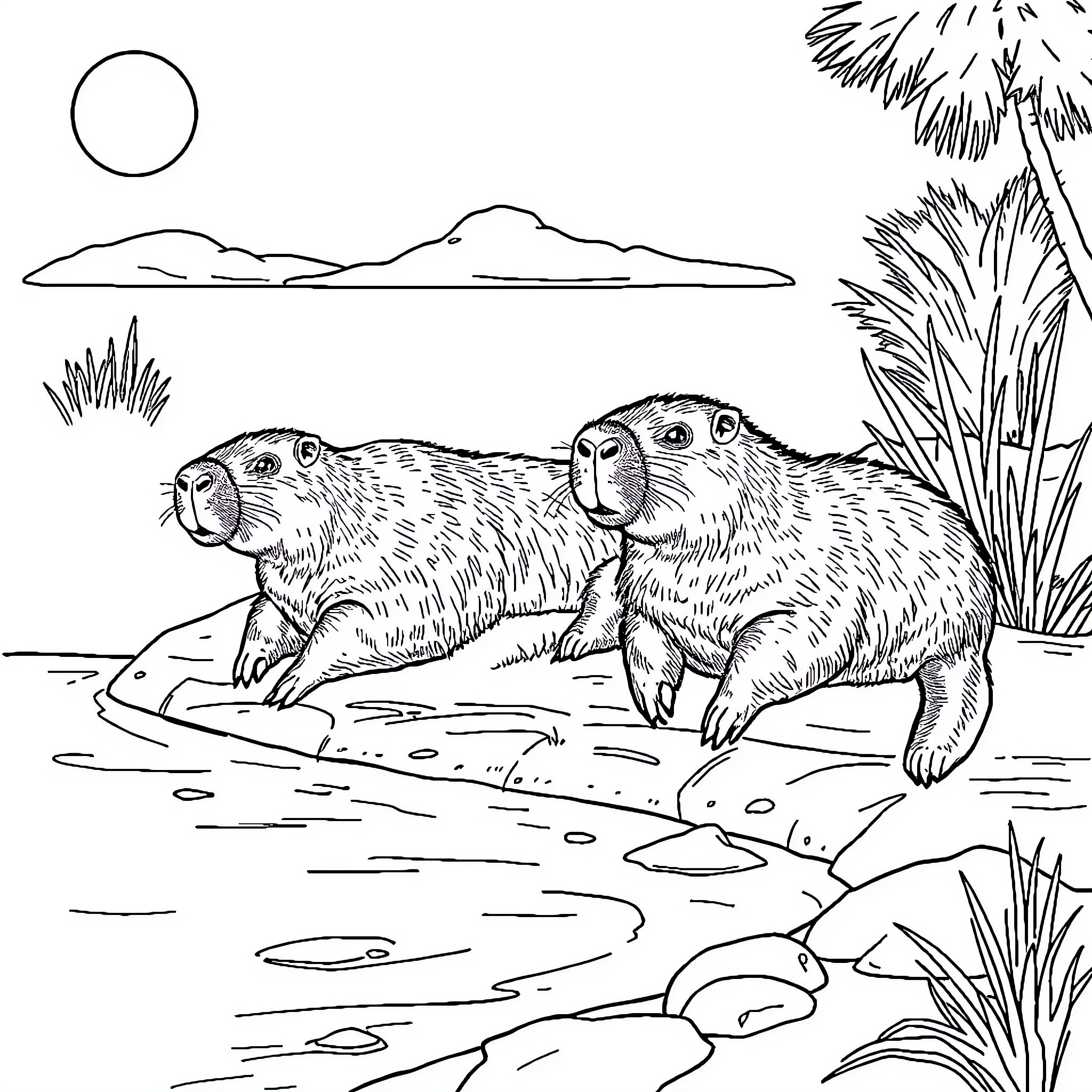 Capybara lounging in the wilderness Coloring Page (free black-and-white line drawing printable PDF for all, from beginners to advanced learners, including children, teens, adults, and seniors)