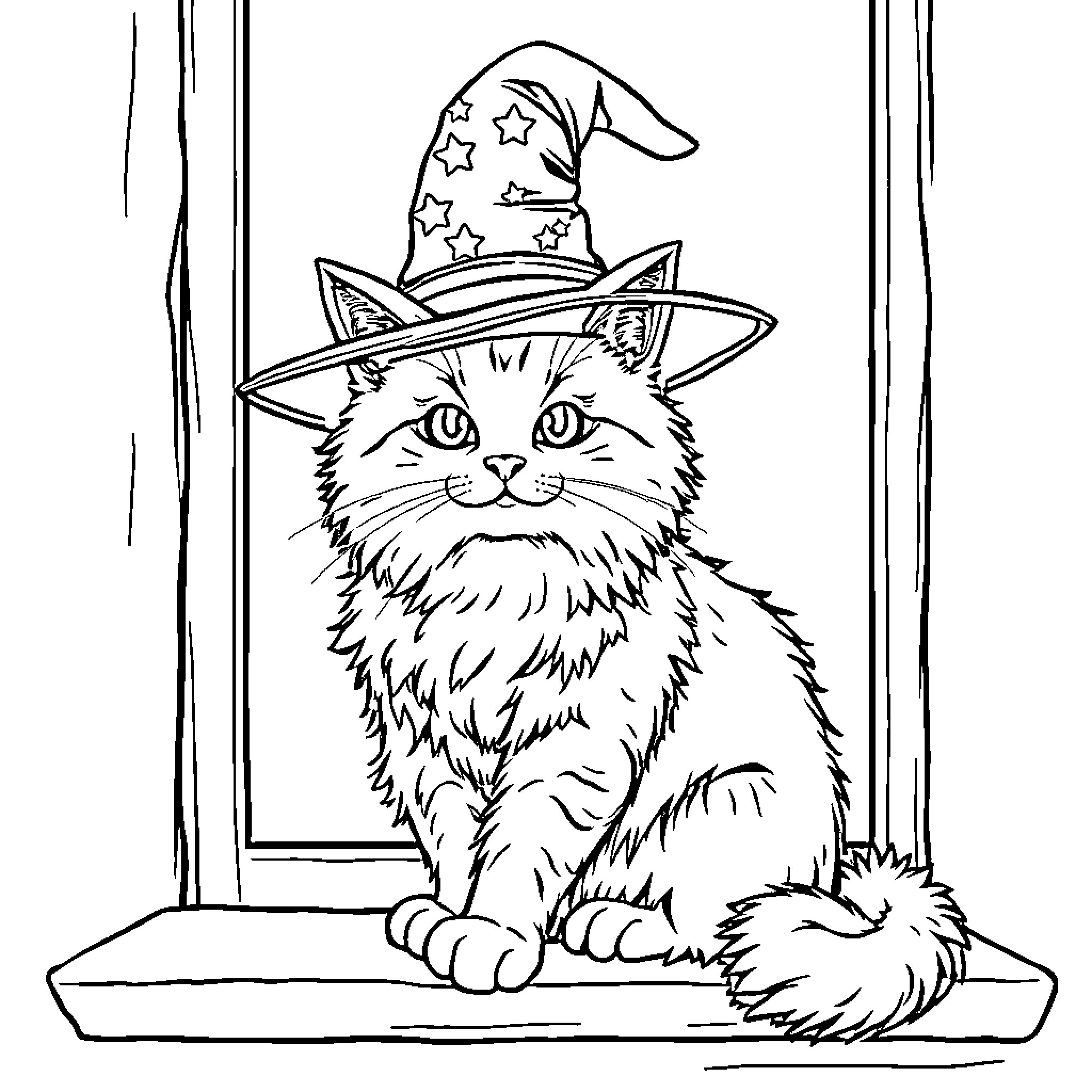 Cat dressed in a witch hat sitting on a windowsill Coloring Page (free black-and-white line drawing printable PDF for all, from beginners to advanced learners, including children, teens, adults, and seniors)