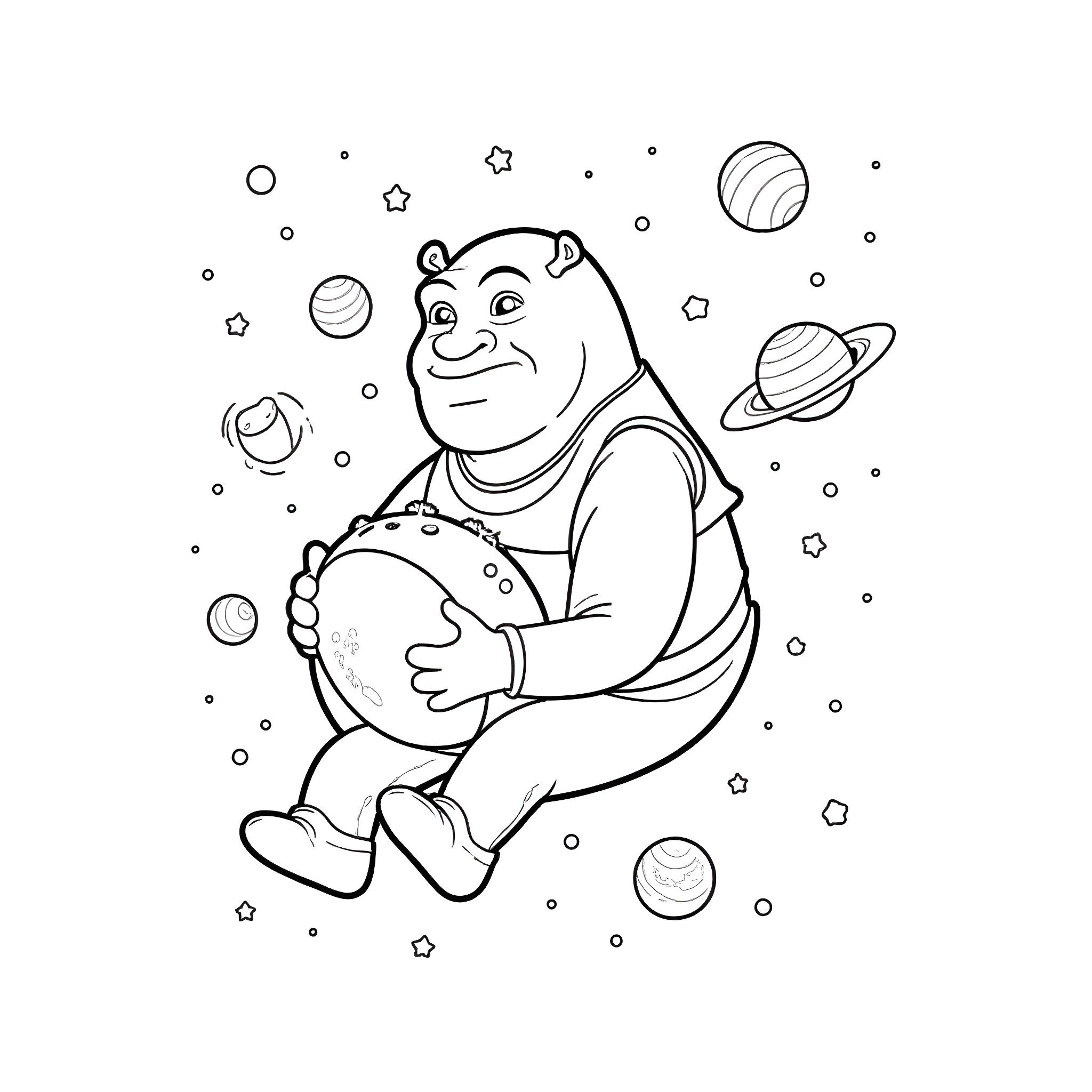 Shrek floating in space with planets and stars Coloring Page (free black-and-white line drawing printable PDF for all, from beginners to advanced learners, including children, teens, adults, and seniors)