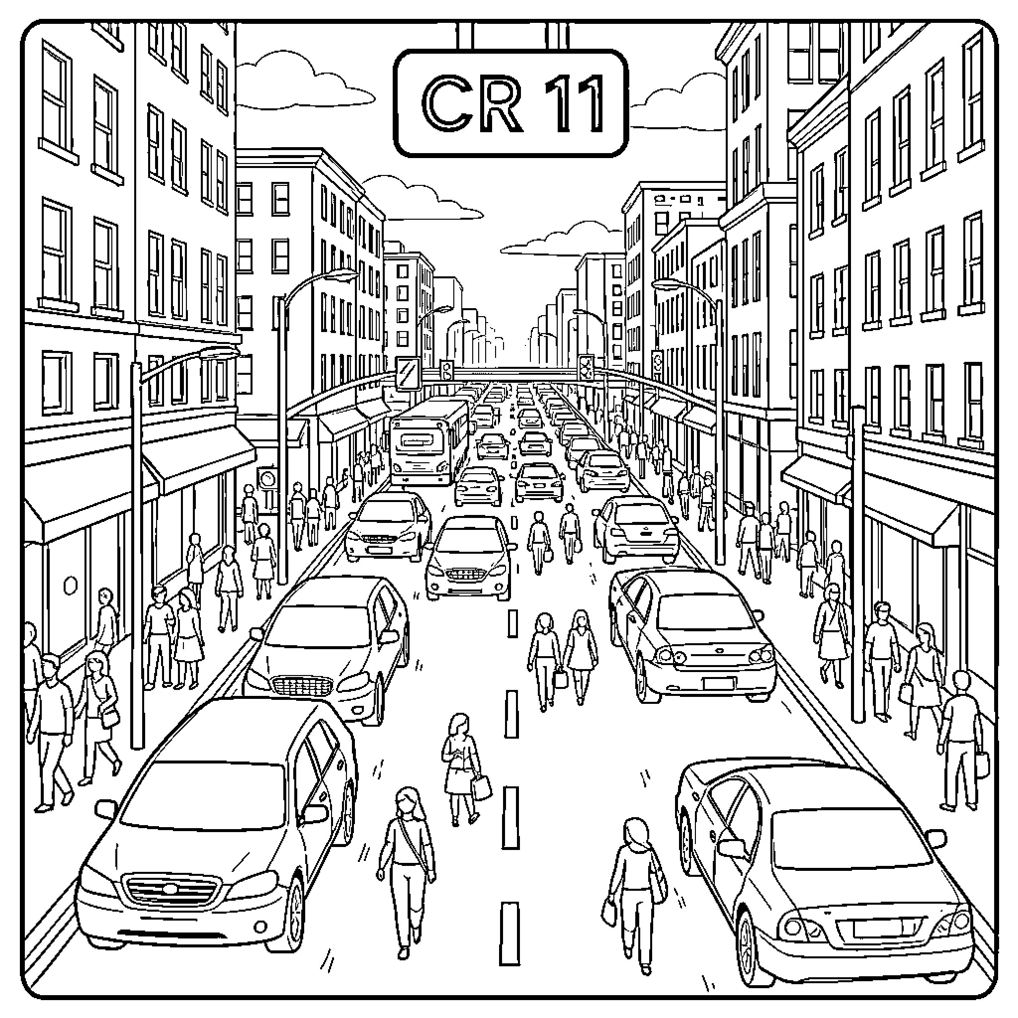 Cr 11 Busy city street with people and cars Coloring Page (free black-and-white line drawing printable PDF for all, from beginners to advanced learners, including children, teens, adults, and seniors)