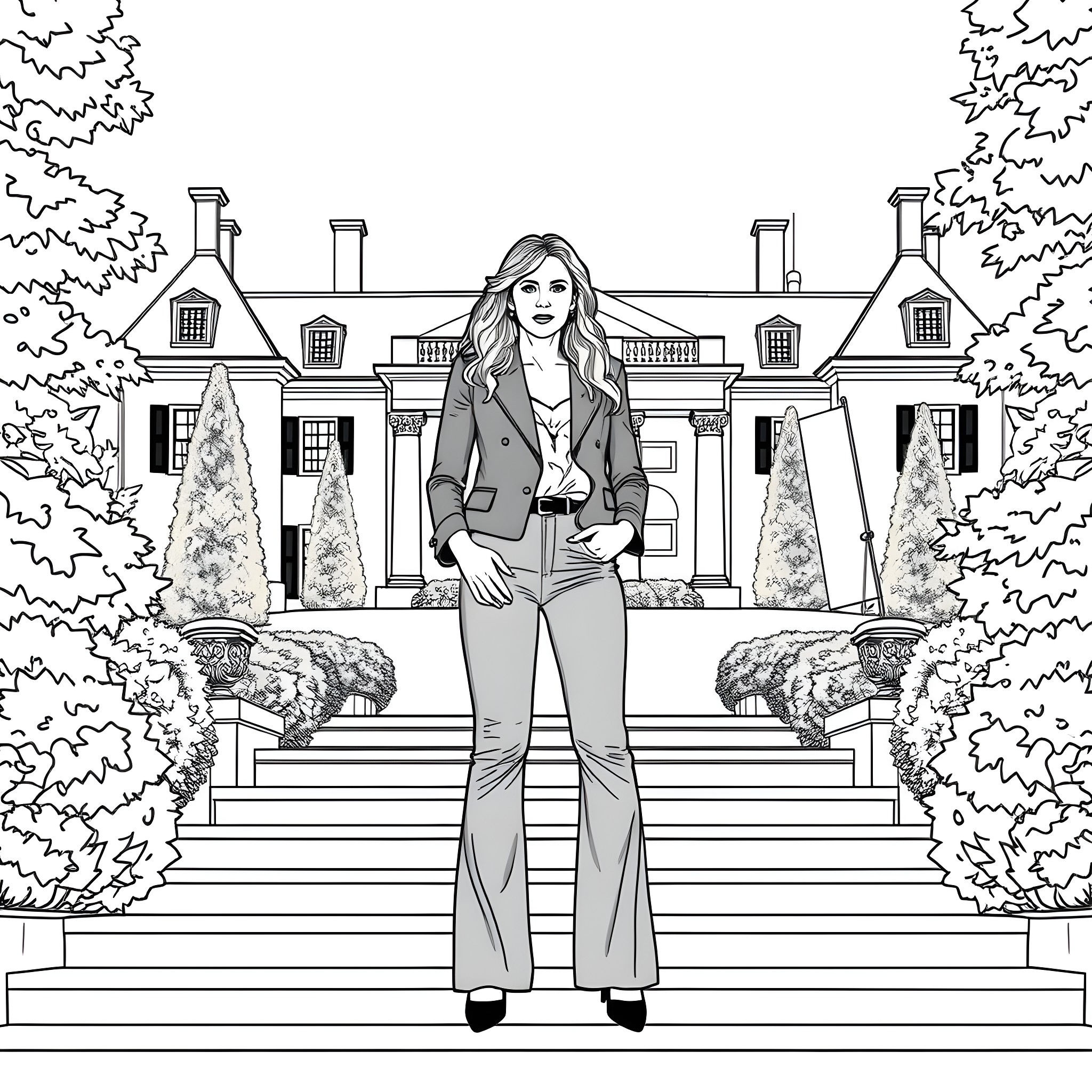 Lisa Marie Presley standing gracefully in front of a grand mansion Coloring Page (free black-and-white line drawing printable PDF for all, from beginners to advanced learners, including children, teens, adults, and seniors)