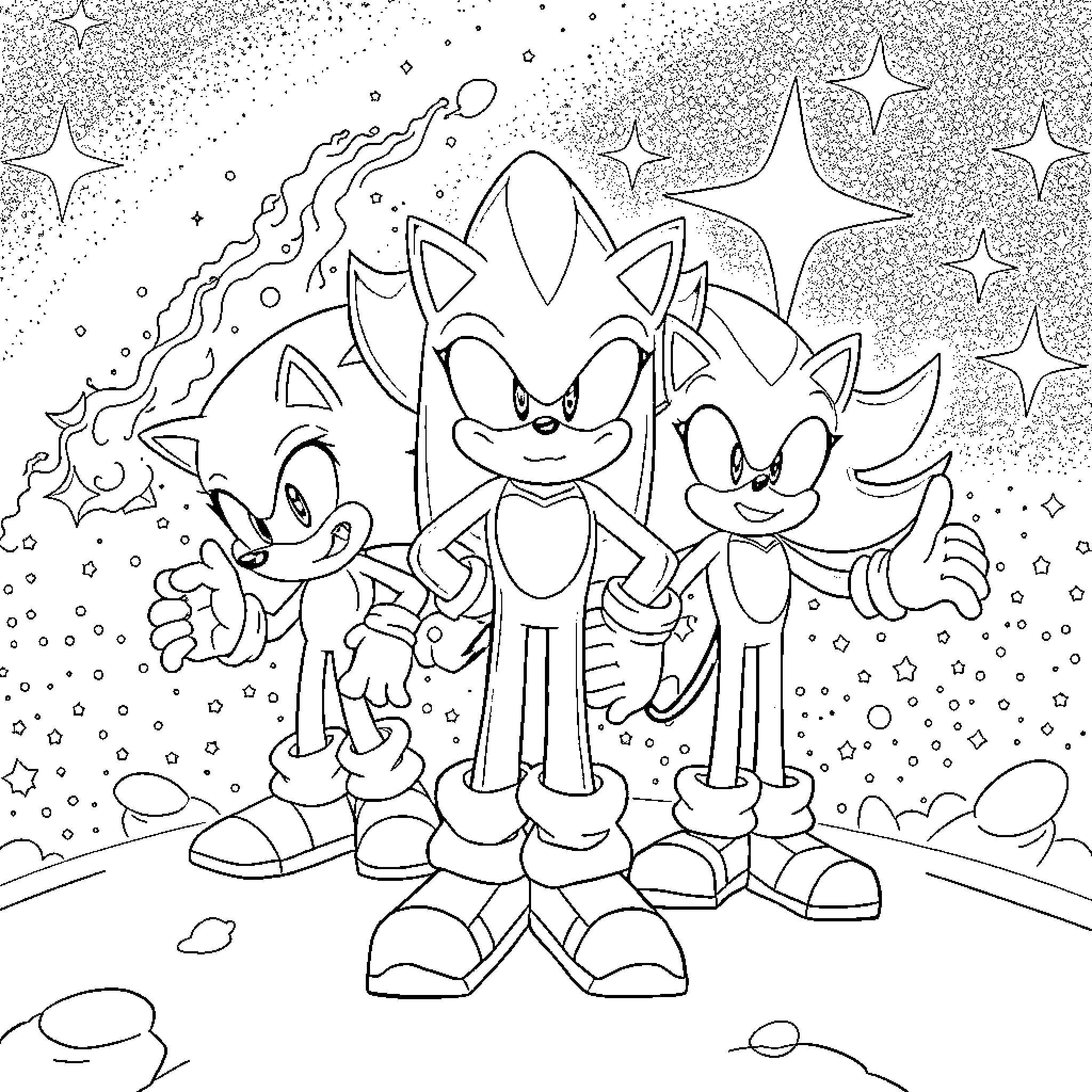 Sonic and friends in a cosmic adventure Coloring Page (free black-and-white line drawing printable PDF for all, from beginners to advanced learners, including children, teens, adults, and seniors)