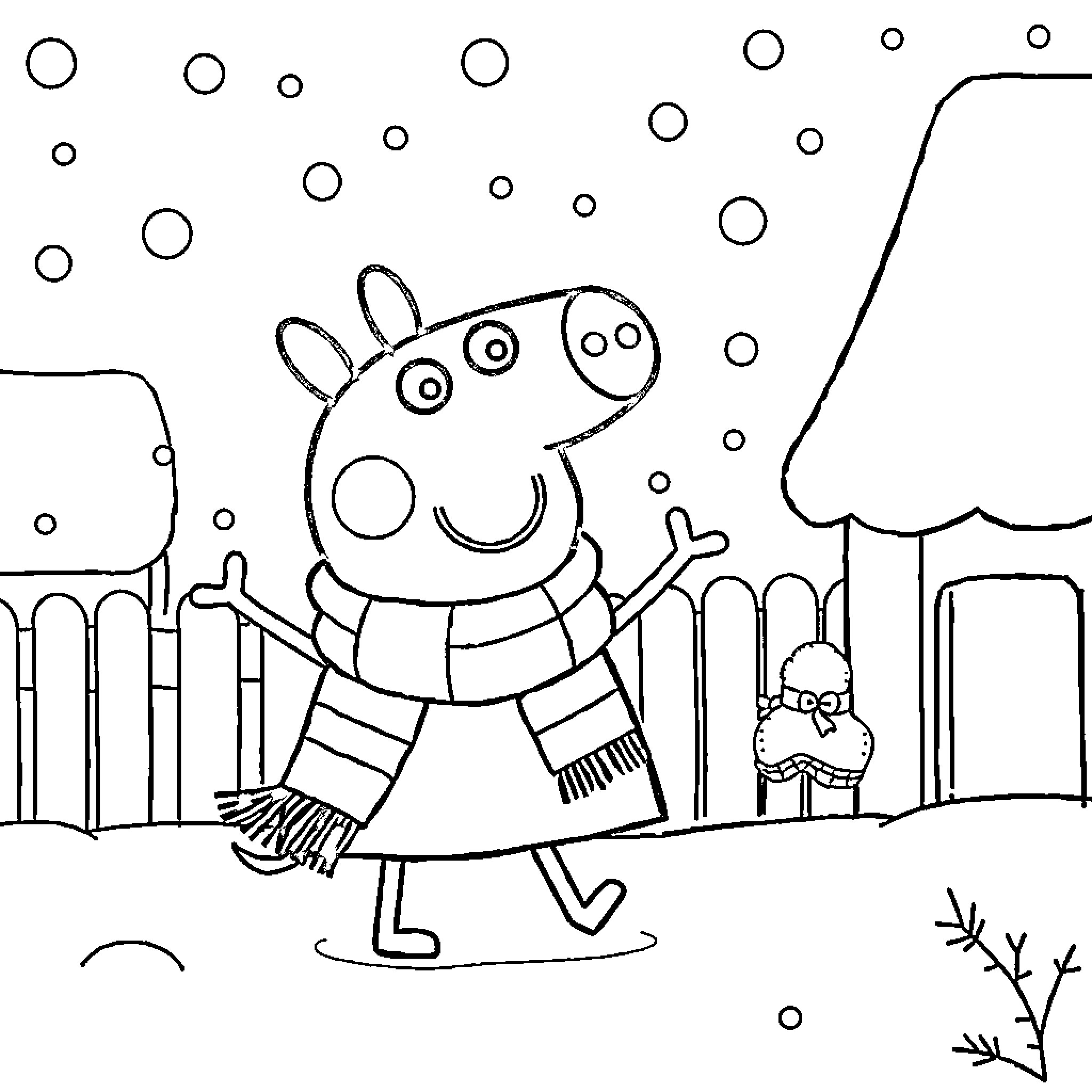 Peppa Pig enjoying a snowy winter day Coloring Page (free black-and-white line drawing printable PDF for all, from beginners to advanced learners, including children, teens, adults, and seniors)