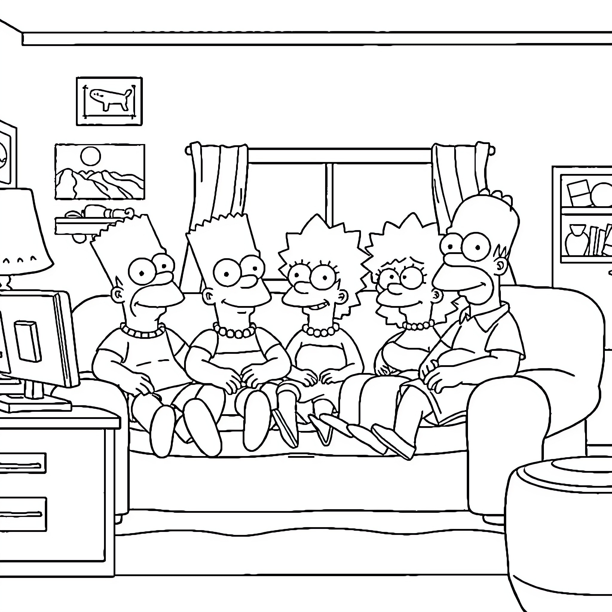 Simpson family enjoying a cozy evening at home Coloring Page (free black-and-white line drawing printable PDF for all, from beginners to advanced learners, including children, teens, adults, and seniors)