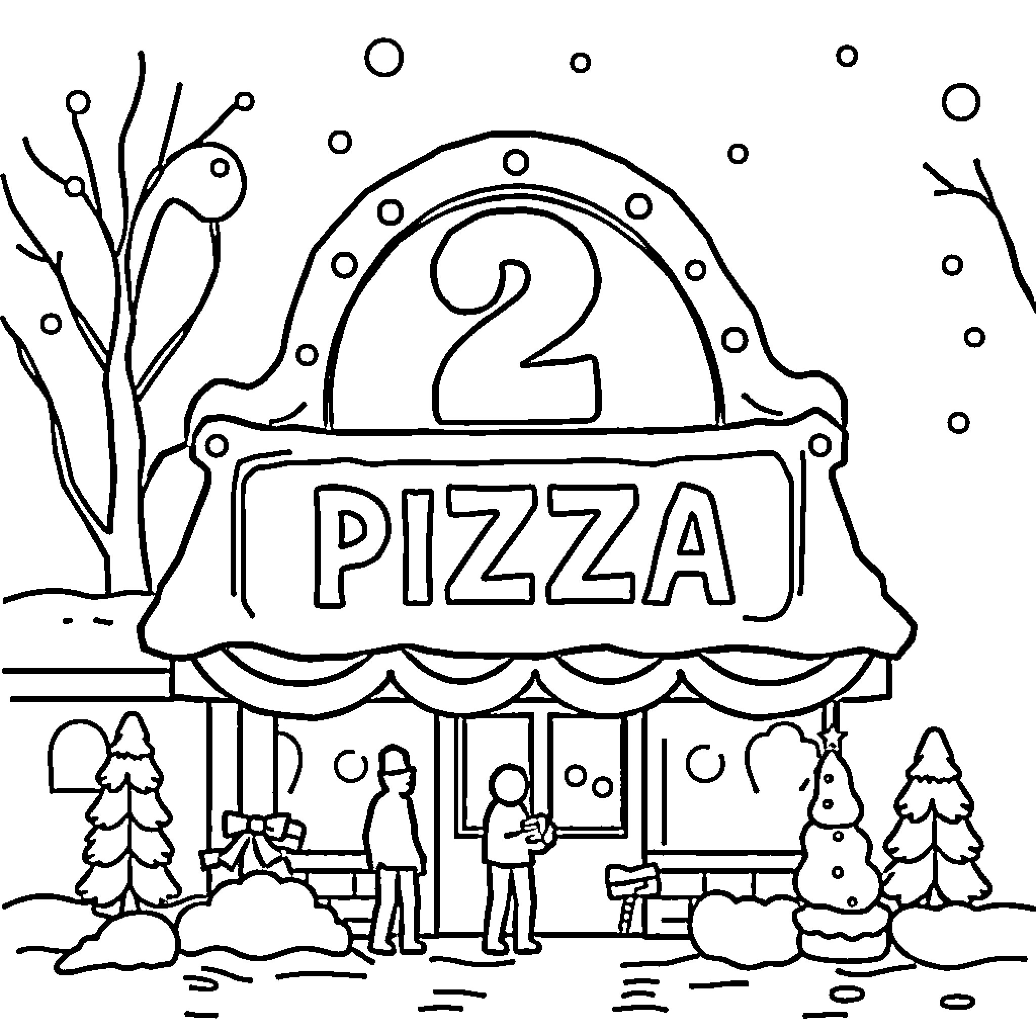 Dollar Sign Pizza Shop Exterior with Customers Coloring Page (free black-and-white line drawing printable PDF for all, from beginners to advanced learners, including children, teens, adults, and seniors)
