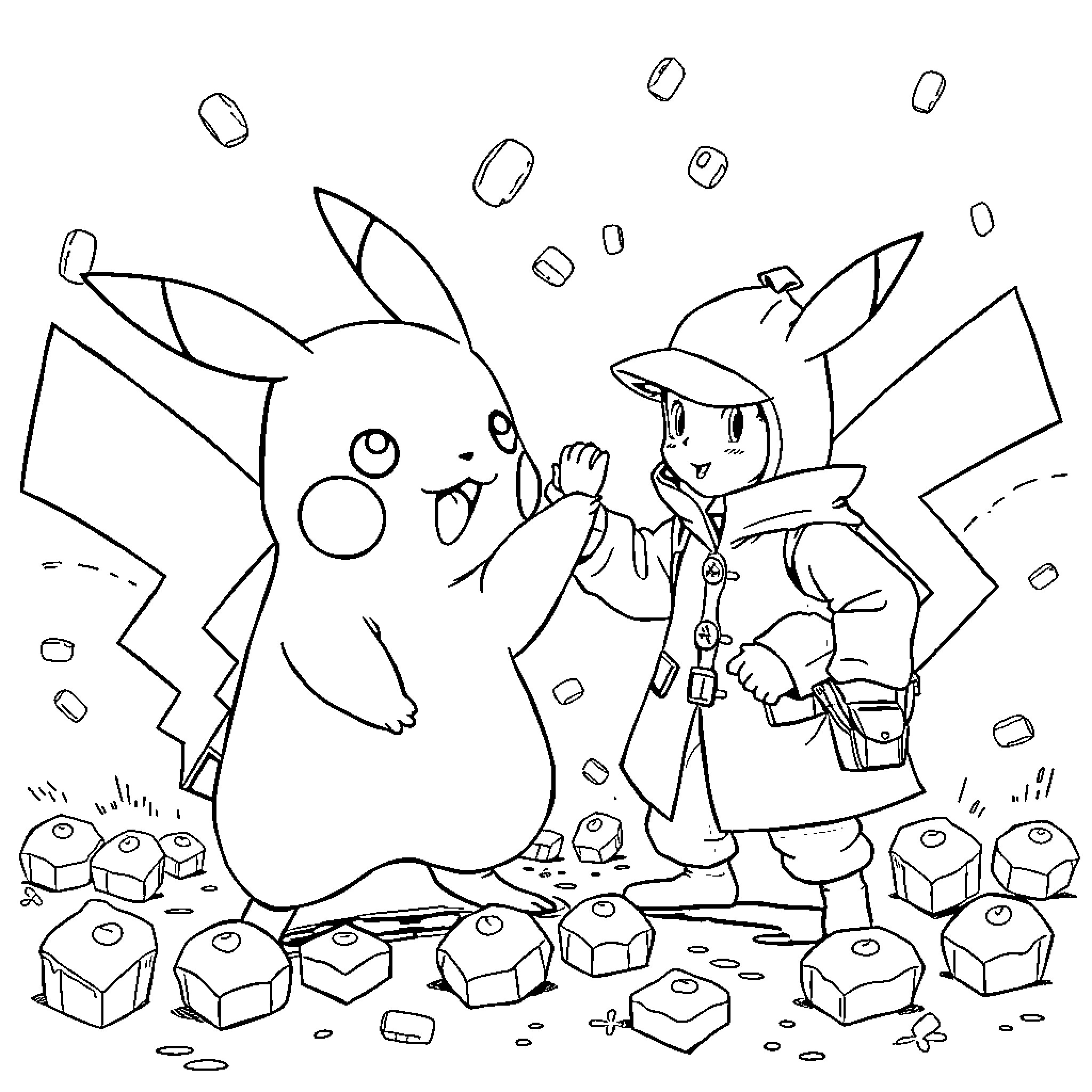 Pikachu playing with a Pokemon trainer Coloring Page (free black-and-white line drawing printable PDF for all, from beginners to advanced learners, including children, teens, adults, and seniors)