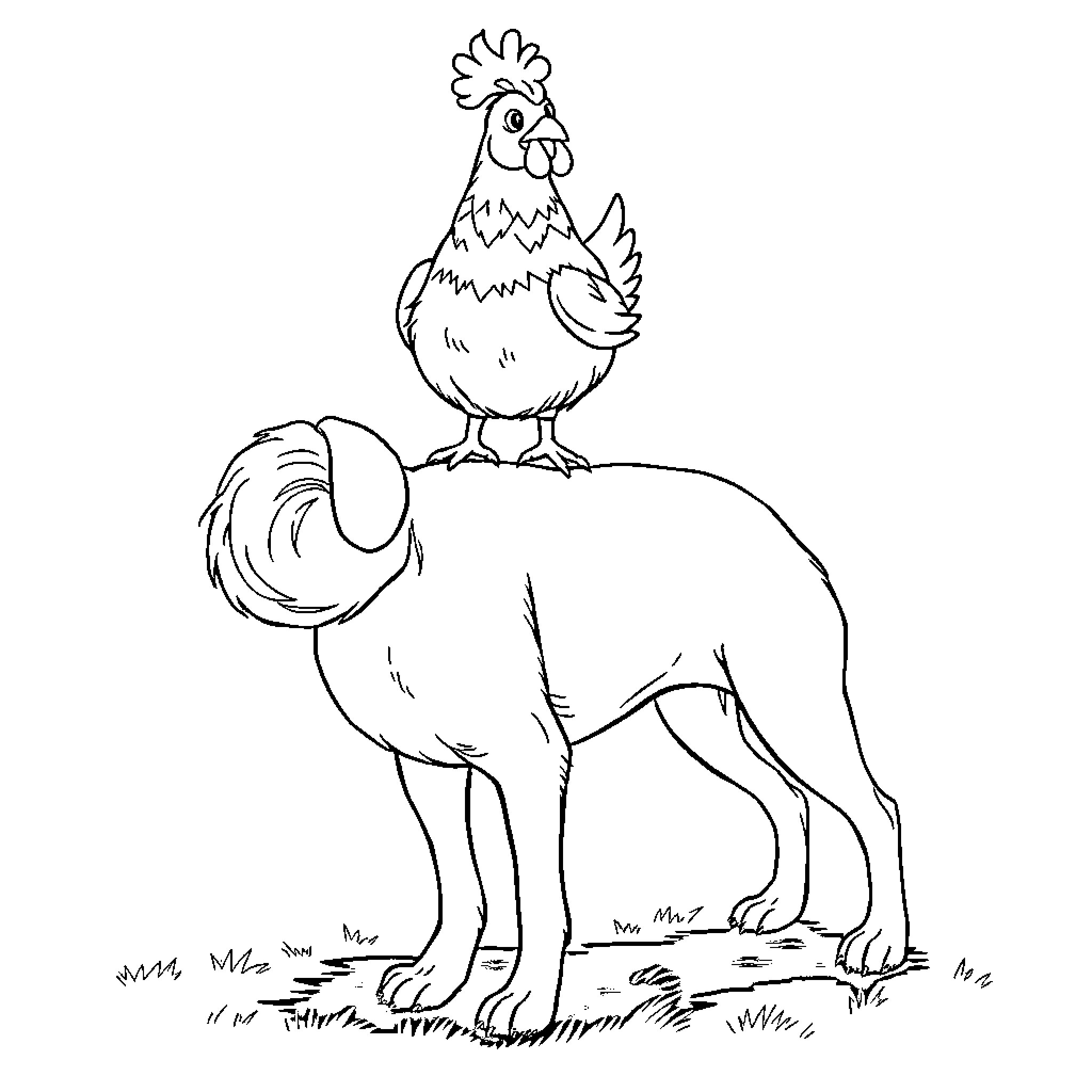 Chicken perched atop a canine companion Coloring Page (free black-and-white line drawing printable PDF for all, from beginners to advanced learners, including children, teens, adults, and seniors)