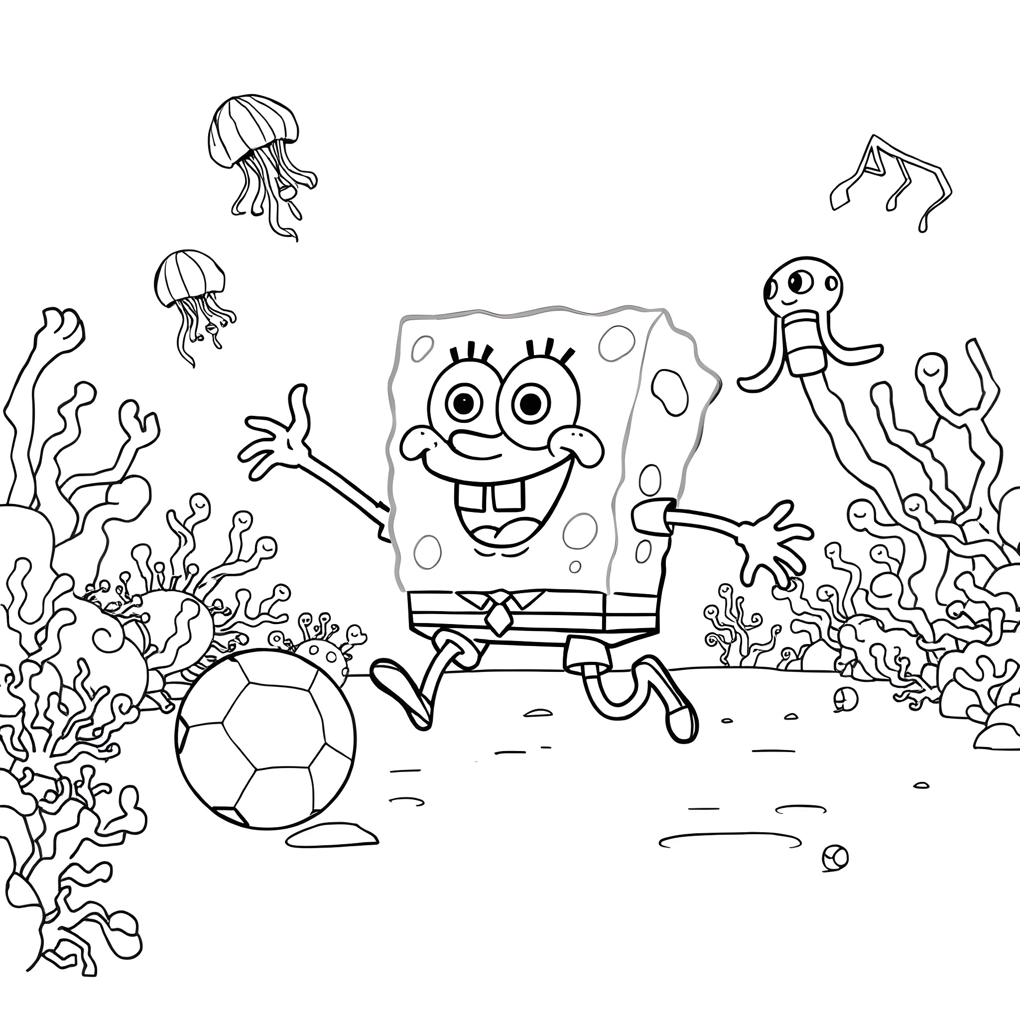 Spongebob playing with jellyfish in the ocean Coloring Page (free black-and-white line drawing printable PDF for all, from beginners to advanced learners, including children, teens, adults, and seniors)