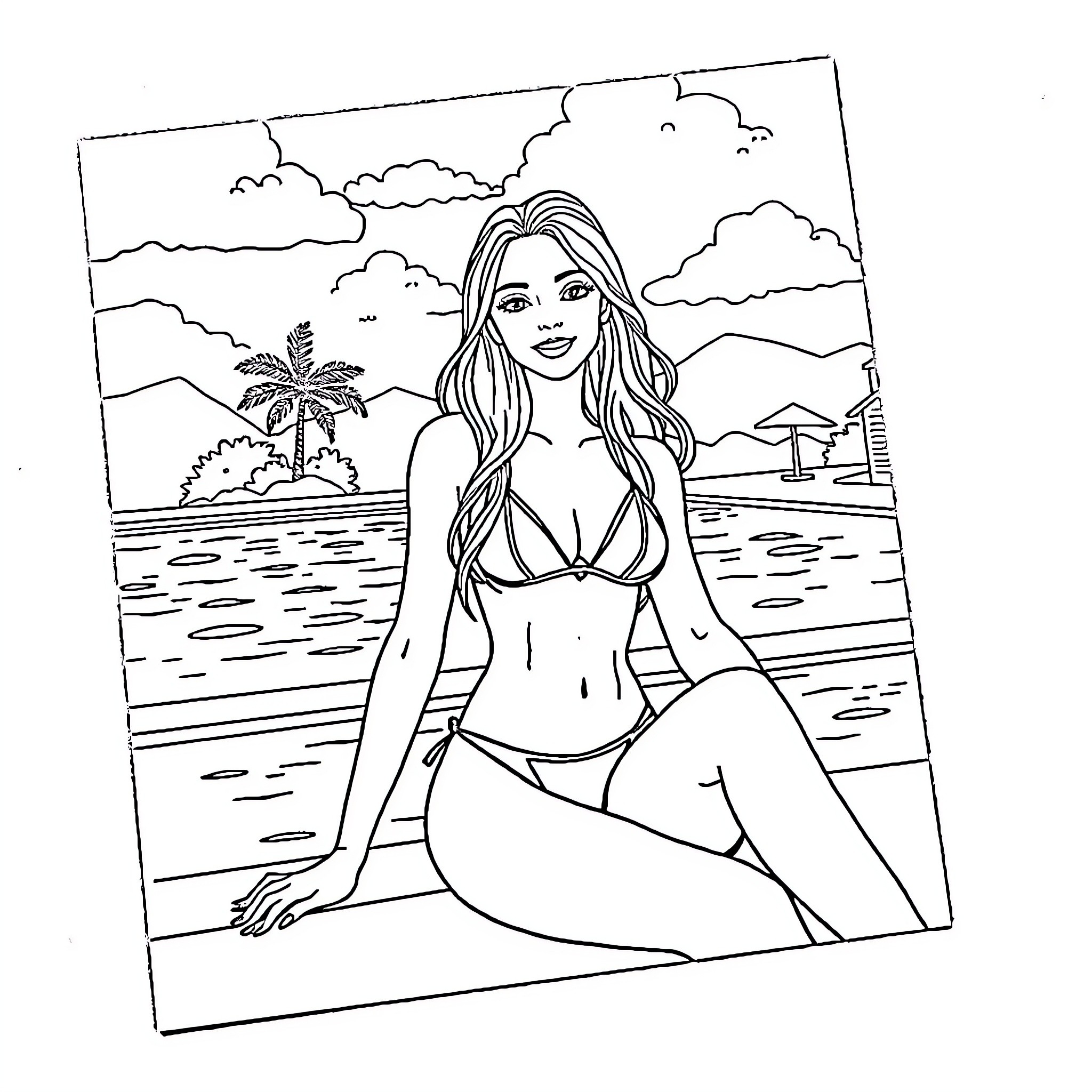 Girl enjoying summer at the beach Coloring Page (free black-and-white line drawing printable PDF for all, from beginners to advanced learners, including children, teens, adults, and seniors)
