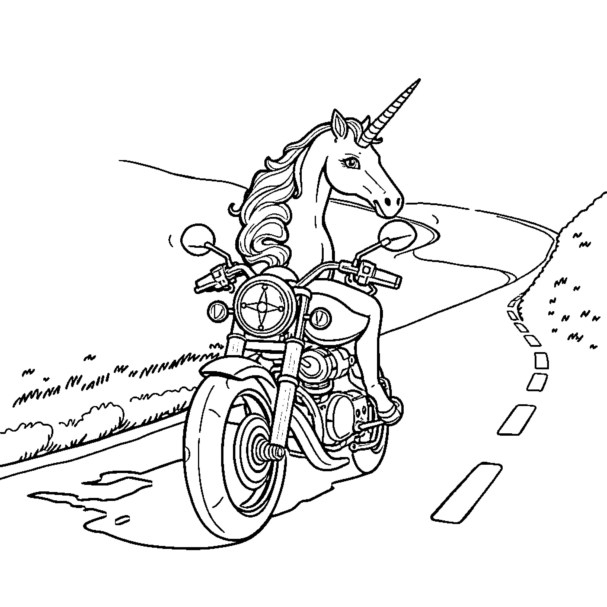Unicorn riding a motorcycle on the road Coloring Page (free black-and-white line drawing printable PDF for all, from beginners to advanced learners, including children, teens, adults, and seniors)