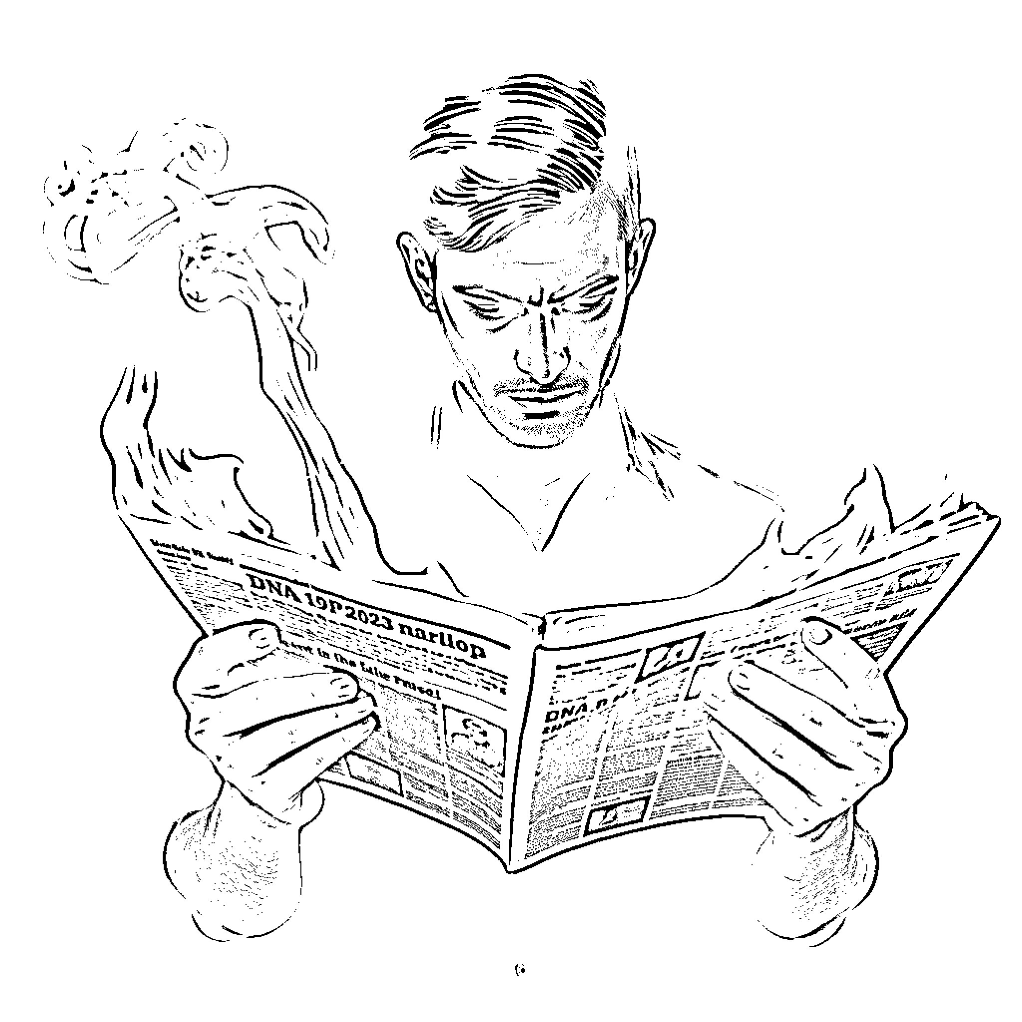 Person reading newspaper intently Coloring Page (free black-and-white line drawing printable PDF for all, from beginners to advanced learners, including children, teens, adults, and seniors)