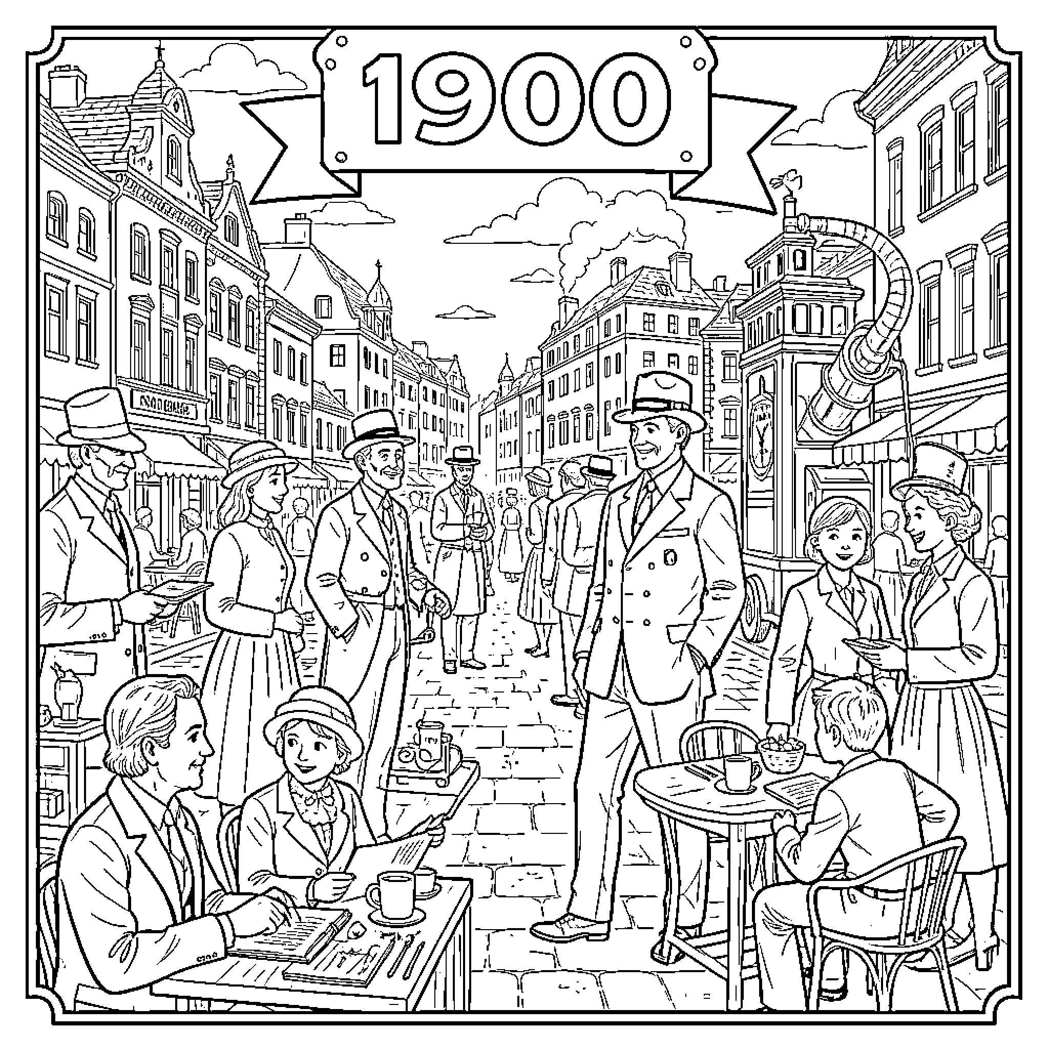 Year 1900 people strolling and dining on a city street Coloring Page (free black-and-white line drawing printable PDF for all, from beginners to advanced learners, including children, teens, adults, and seniors)