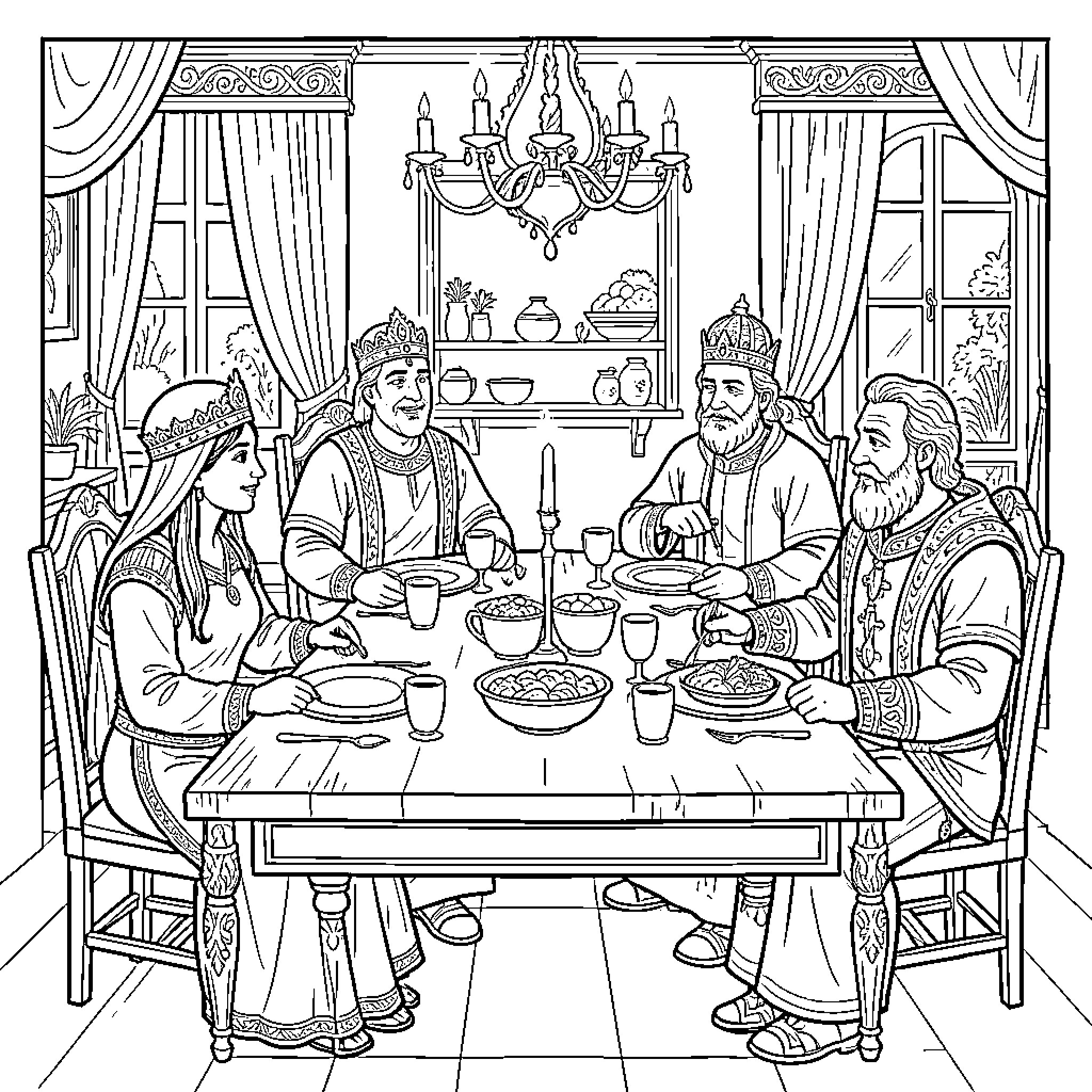 Queen dining at a banquet with royalty Coloring Page (free black-and-white line drawing printable PDF for all, from beginners to advanced learners, including children, teens, adults, and seniors)