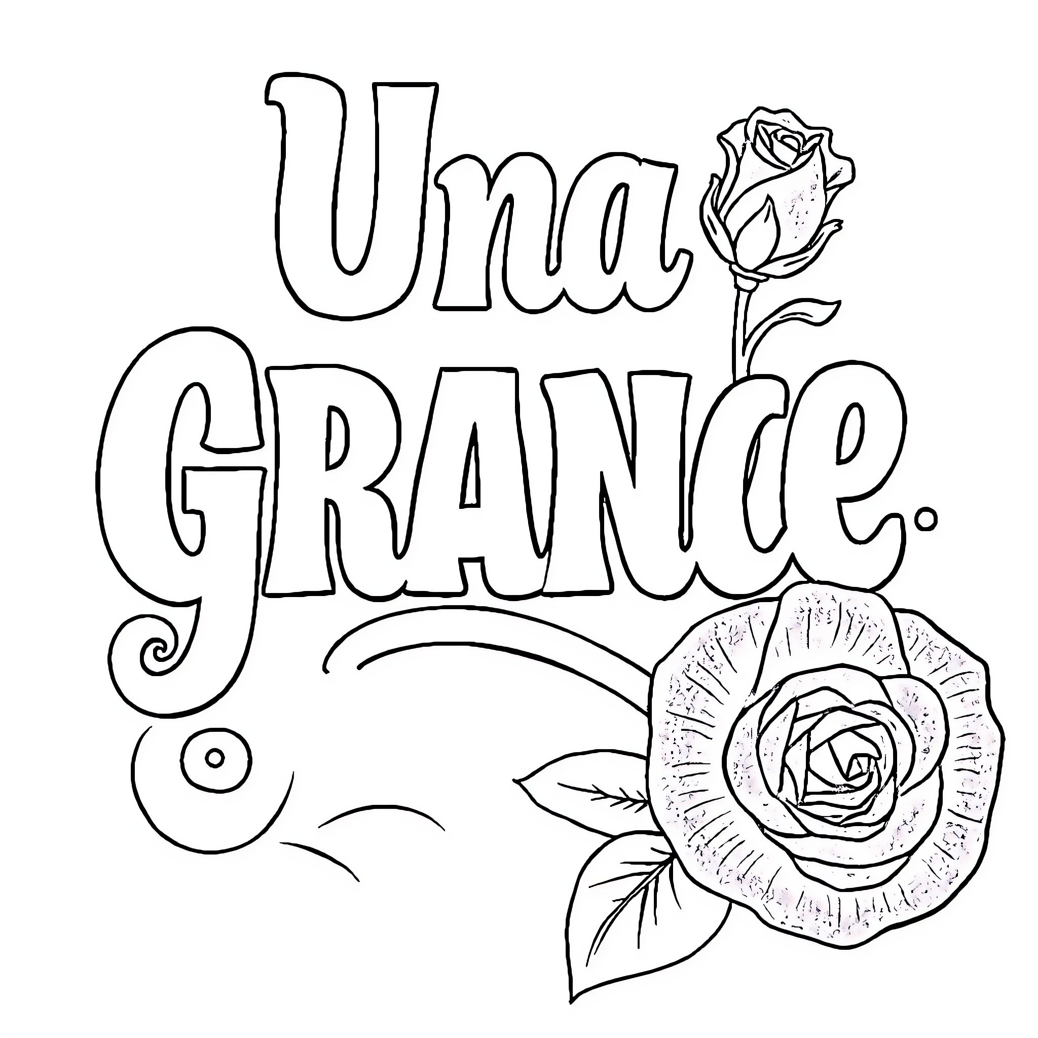 A Rose-Decorated Name and Flourish Coloring Page (free black-and-white line drawing printable PDF for all, from beginners to advanced learners, including children, teens, adults, and seniors)