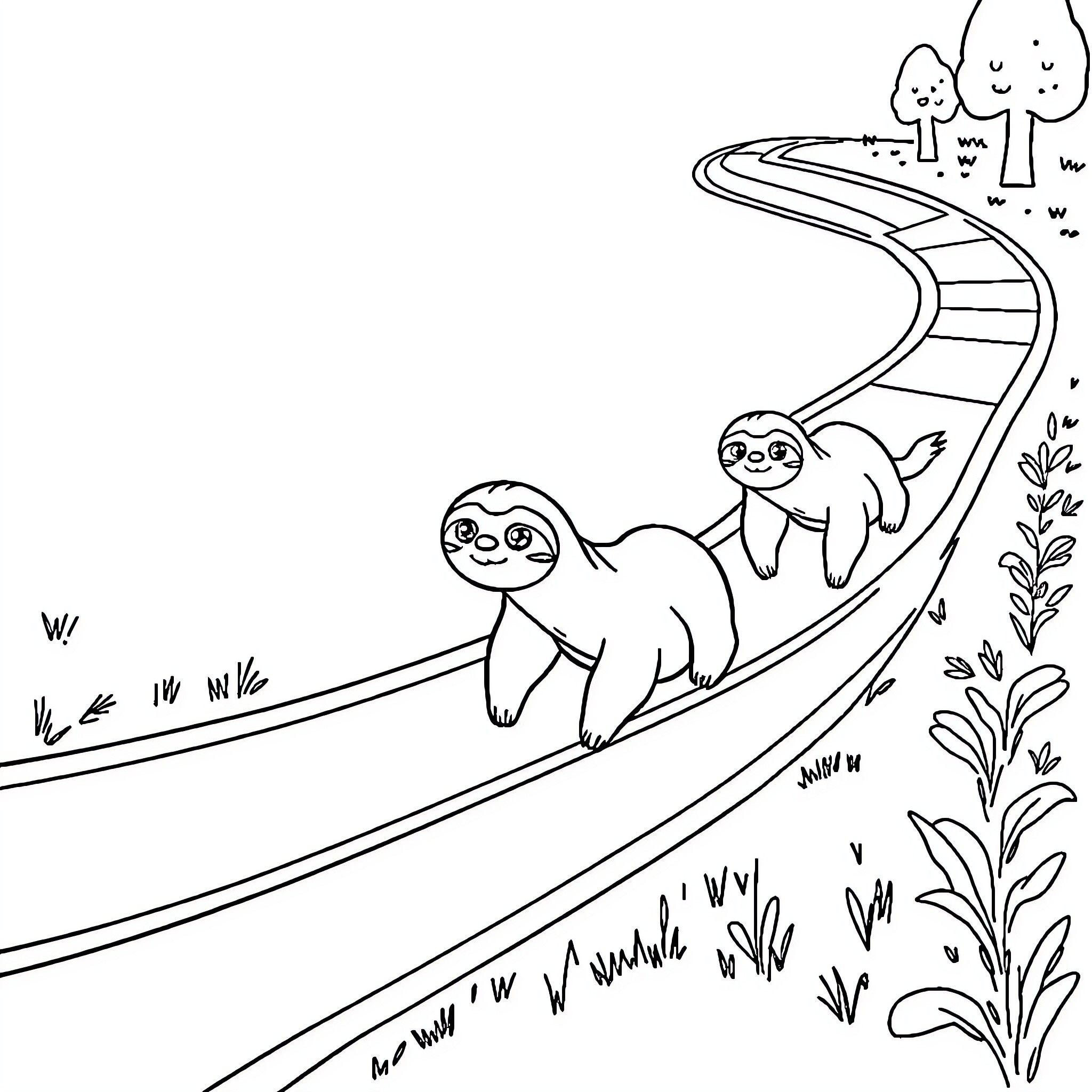 Sloth friends enjoying a leisurely stroll Coloring Page (free black-and-white line drawing printable PDF for all, from beginners to advanced learners, including children, teens, adults, and seniors)