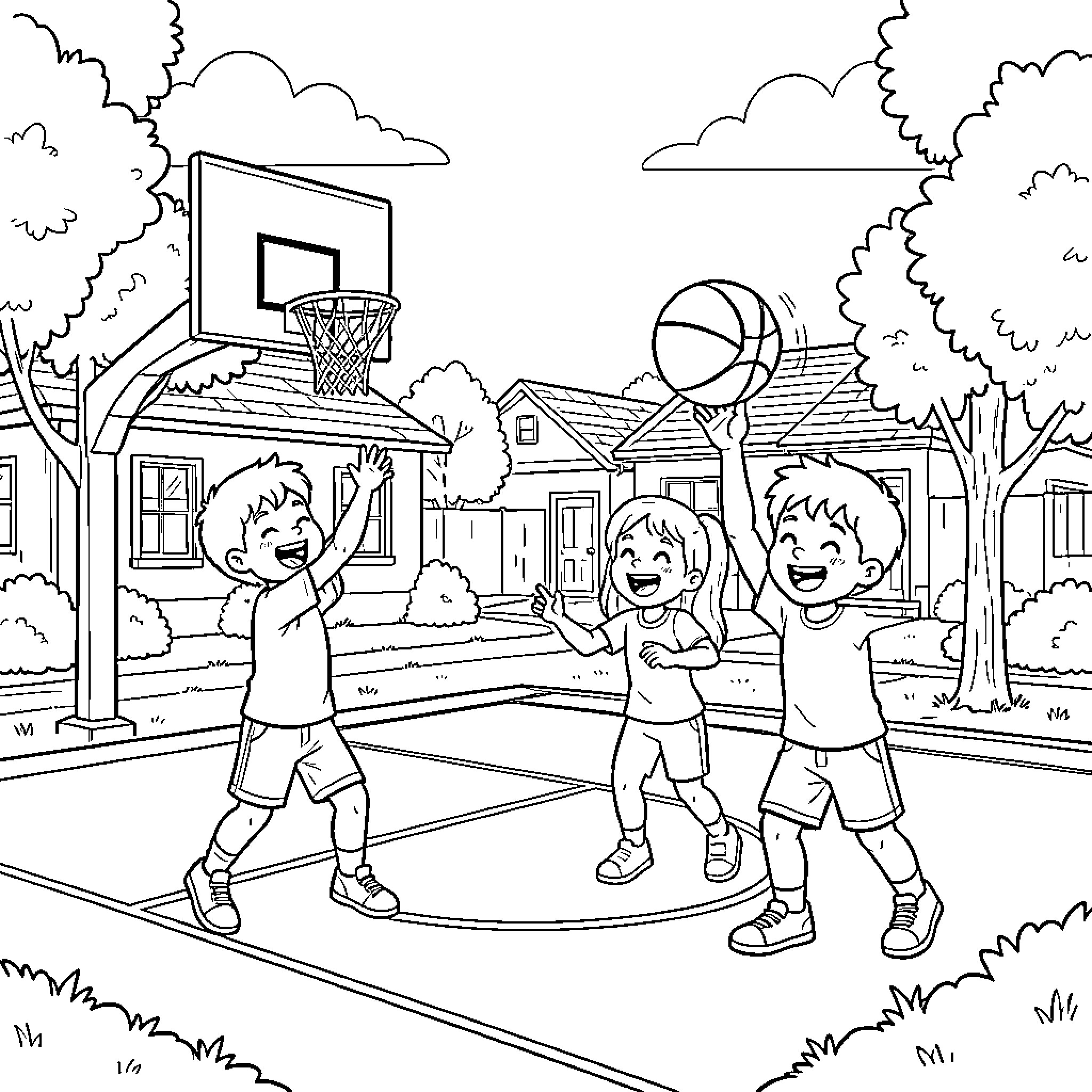 Kid playing basketball with friends outdoors Coloring Page (free black-and-white line drawing printable PDF for all, from beginners to advanced learners, including children, teens, adults, and seniors)