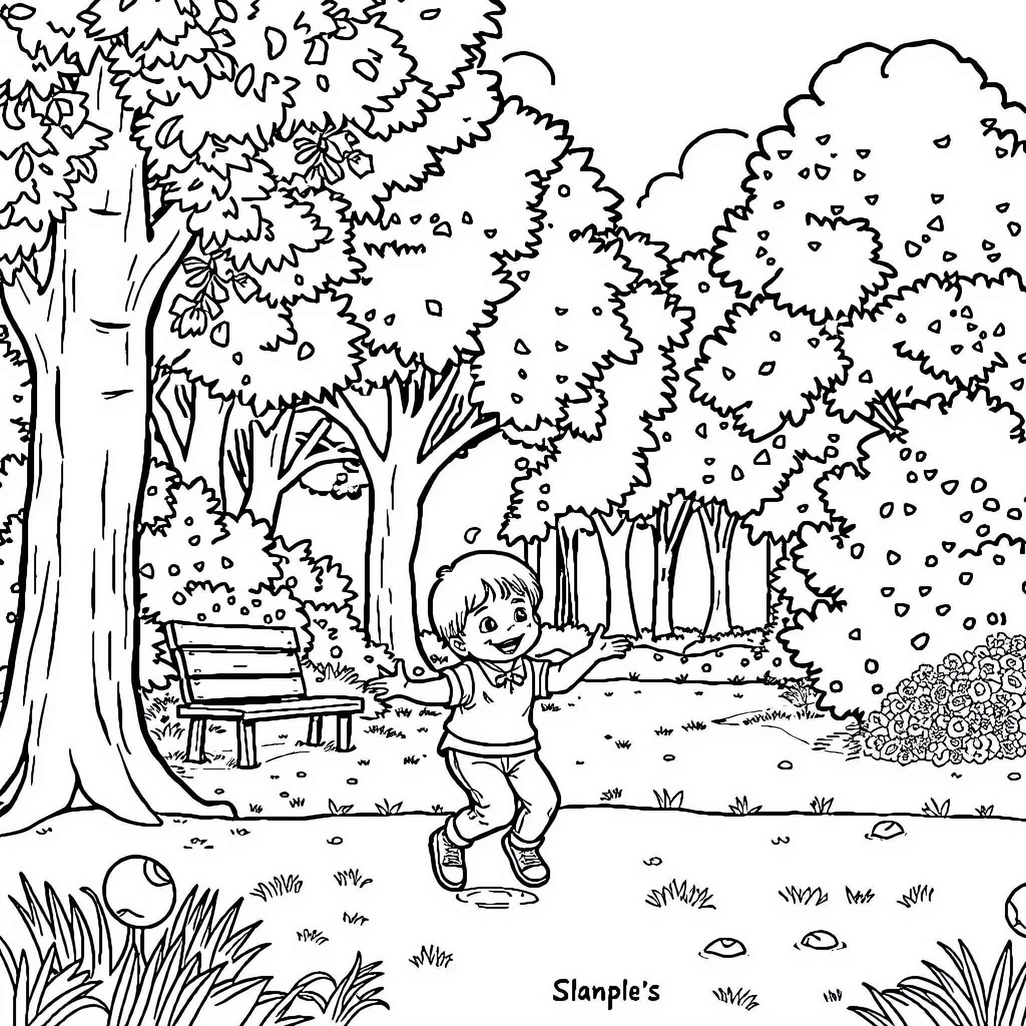 Child exploring nature in a forest park Coloring Page (free black-and-white line drawing printable PDF for all, from beginners to advanced learners, including children, teens, adults, and seniors)