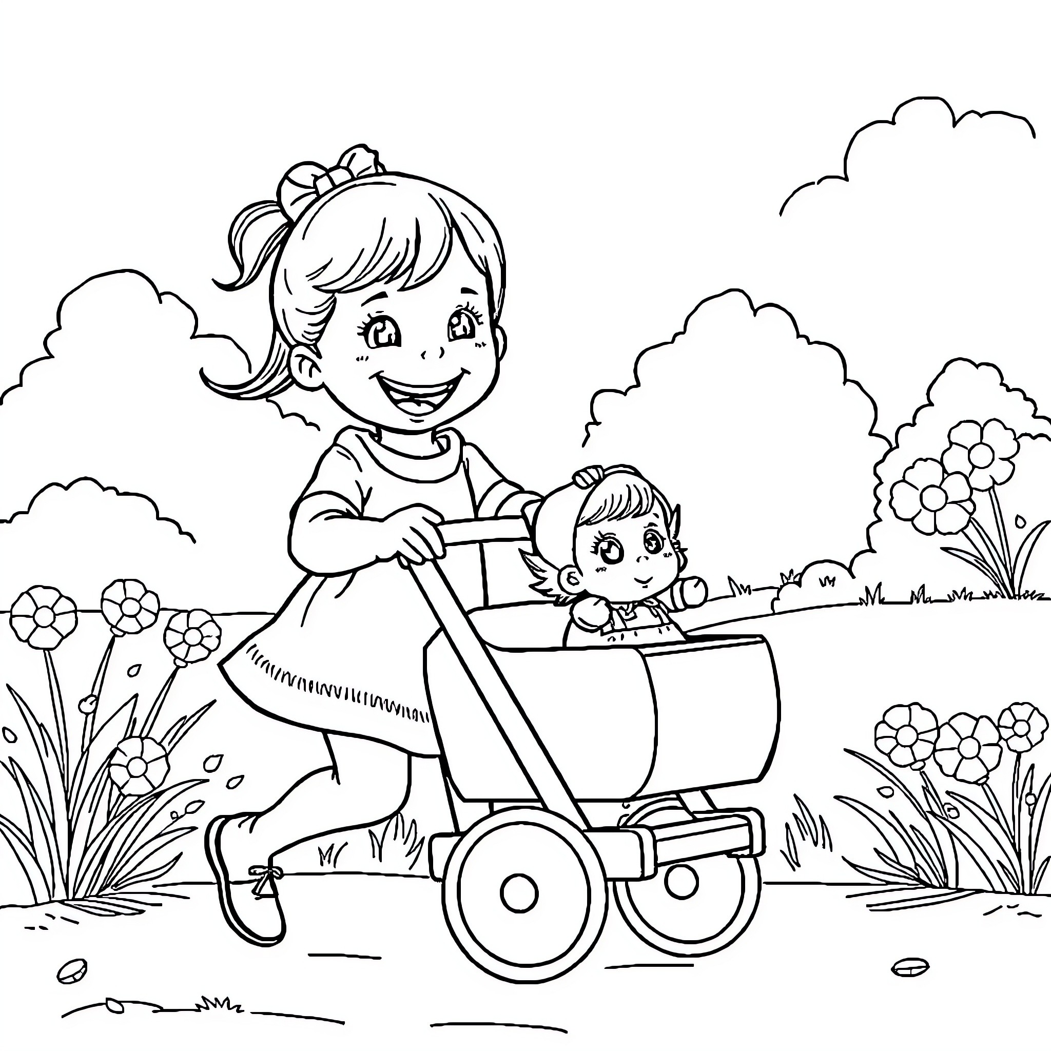 Girl pushing toy stroller with baby in the park Coloring Page (free black-and-white line drawing printable PDF for all, from beginners to advanced learners, including children, teens, adults, and seniors)