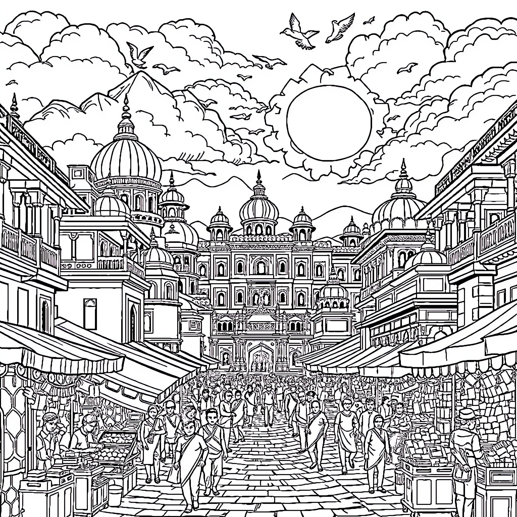 India: Bustling marketplace with ornate architecture Coloring Page (free black-and-white line drawing printable PDF for all, from beginners to advanced learners, including children, teens, adults, and seniors)