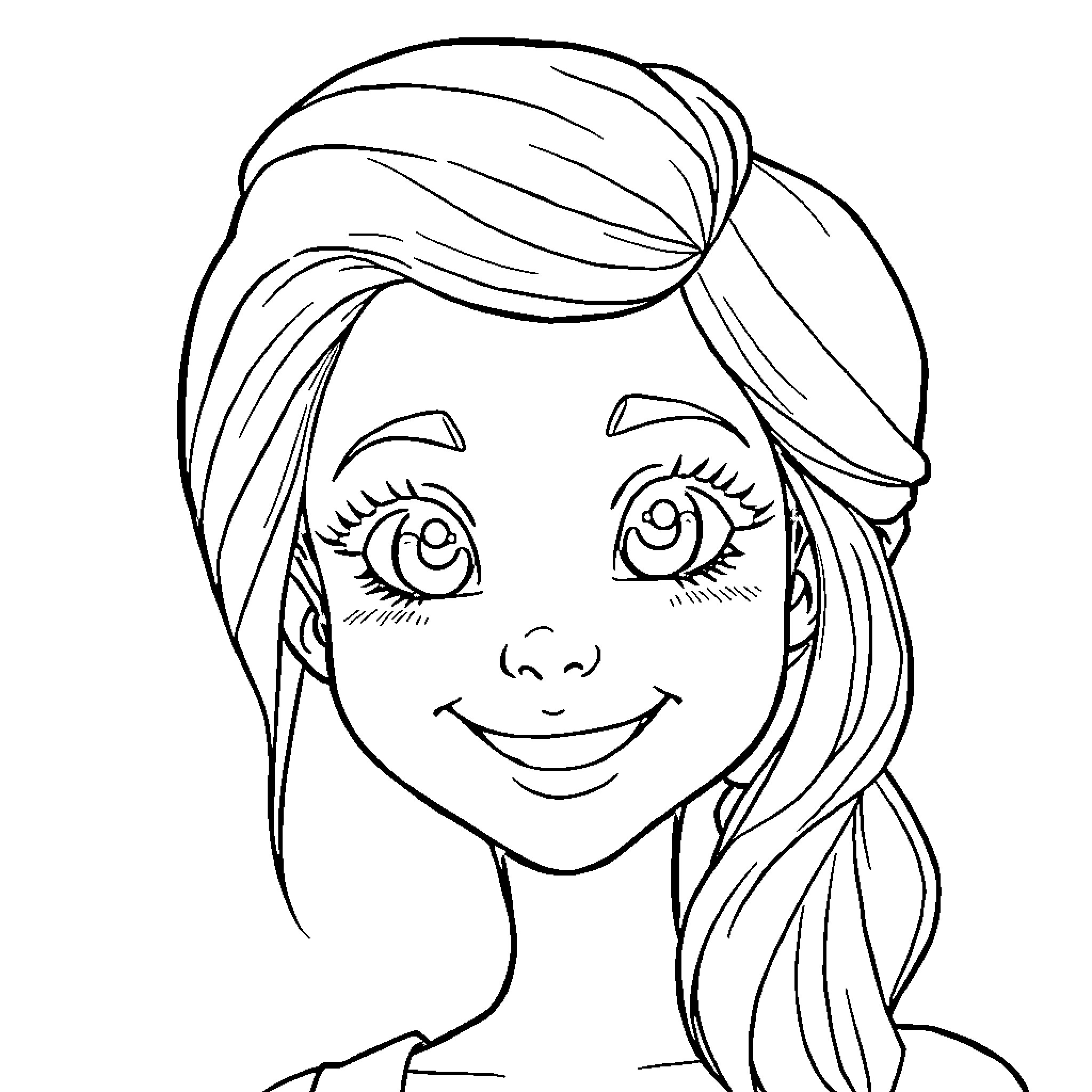 Female character with happy and friendly expression Coloring Page (free black-and-white line drawing printable PDF for all, from beginners to advanced learners, including children, teens, adults, and seniors)