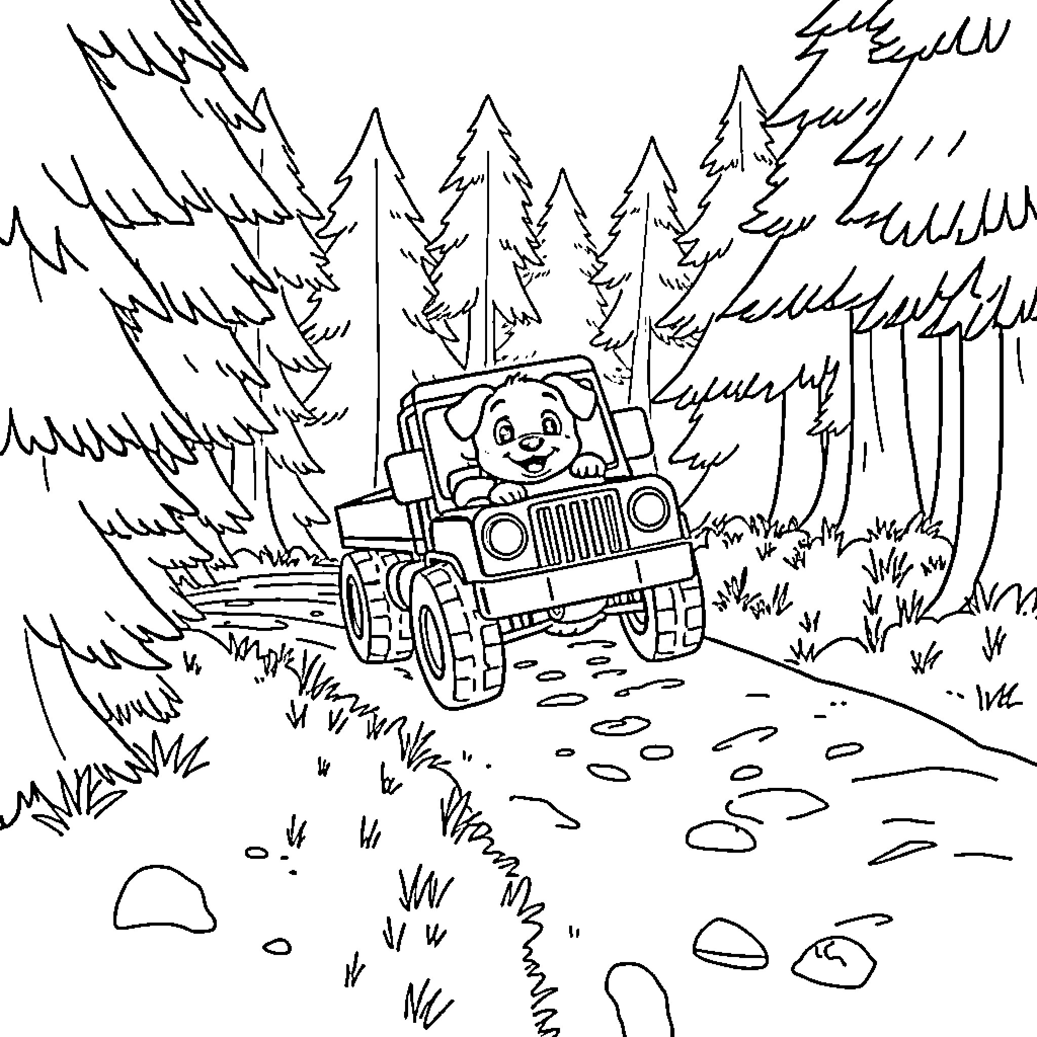 Puppy driving cheerfully through the forest Coloring Page (free black-and-white line drawing printable PDF for all, from beginners to advanced learners, including children, teens, adults, and seniors)